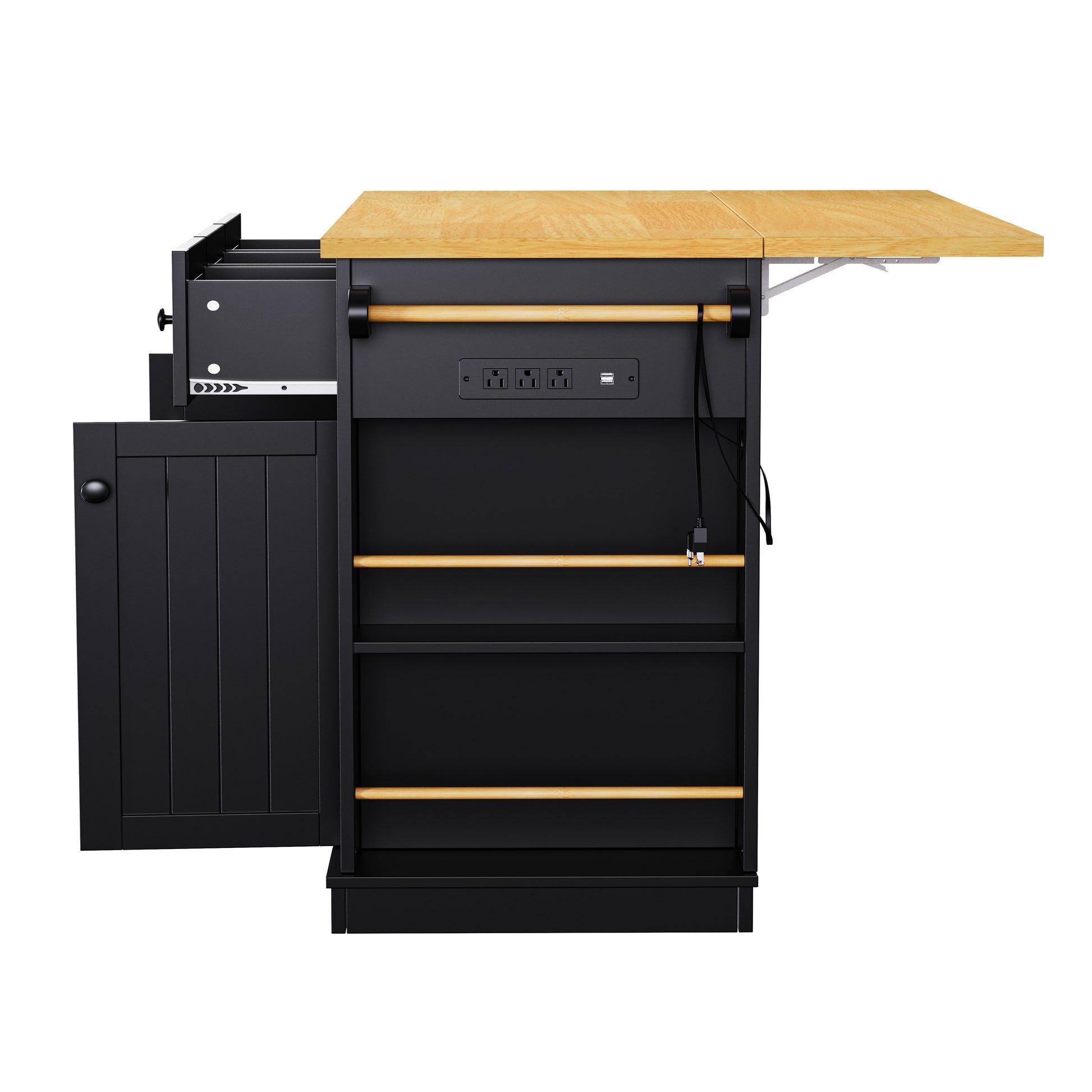 K&K 53Inch Large Kitchen Island With Drop Leaf, Power Outlet, Door Internal Storage Rack, Rolling Kitchen Cart On 5 Wheels With 5 Open Side Racks For Kitchen, Dining Room,Black Not Include Bar