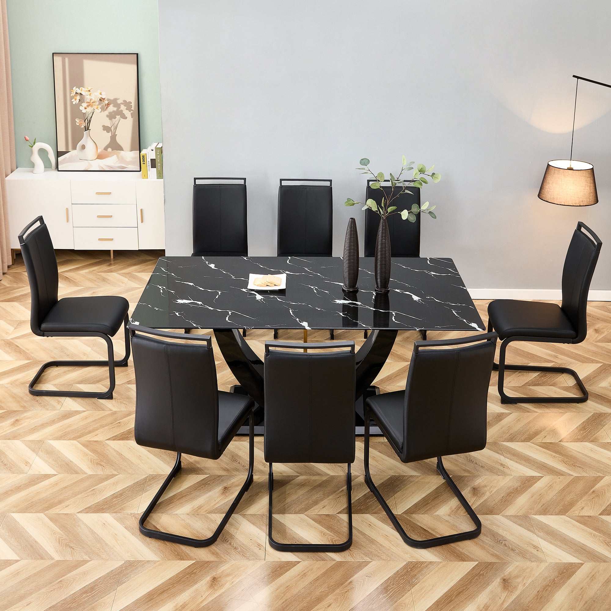 Table And Chair Set, Modern Dining Table, Patterned Table Top And Black Mdf Table Legs, Soft And Comfortable Dining Chair, Perfect For Dinner, Meetings, Home And Office Decor Black Mdf Glass