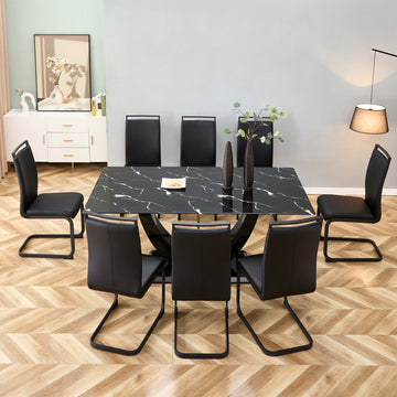 Table And Chair Set, Modern Dining Table, Patterned Table Top And Black Mdf Table Legs, Soft And Comfortable Dining Chair, Perfect For Dinner, Meetings, Home And Office Decor Black Mdf Glass