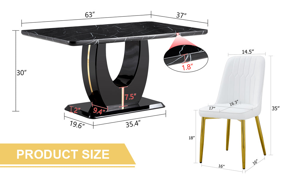 Table And Chair Set.63"W X 37"D X 30"H Black Marble Mdf Diningtable Set With 4 White Pu Chairs With Gold Metal Legs.Bring A Comfortable Home Experience To The Kitchen, Bedroom, And Office. White