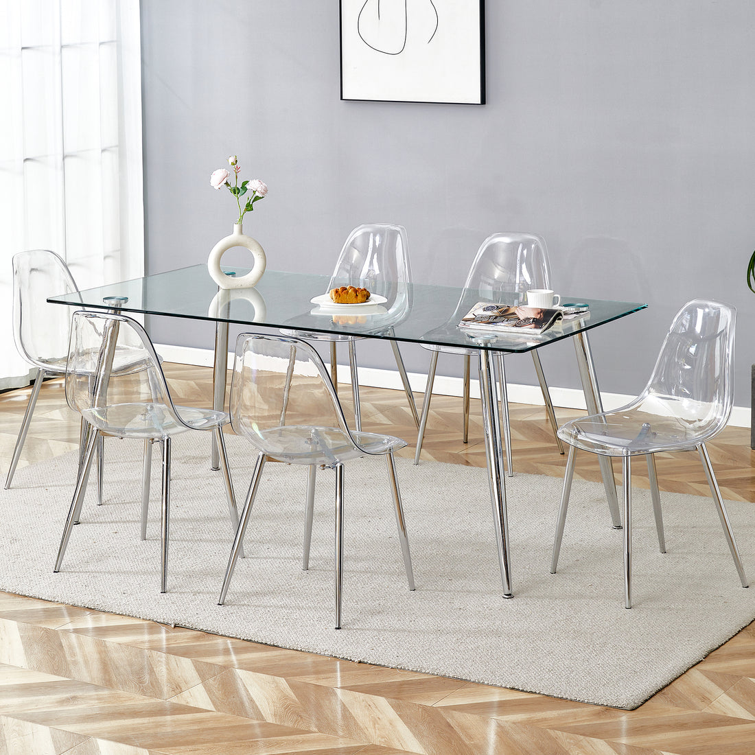 Table And Chair Set.Modern Rectangular Glass Dining Table With Tempered Glass Countertop And Silver Metal Legs, Paired With Multiple Transparent High Quality Pet Dining Chairs With Silver Legs. Silver Seats 6 Tempered Glass