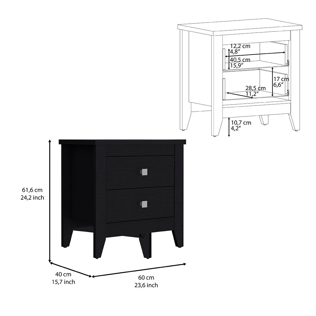 Nightstand 24"H, Two Drawers, Four Legs, Superior Top, Black Black Particle Board Particle Board