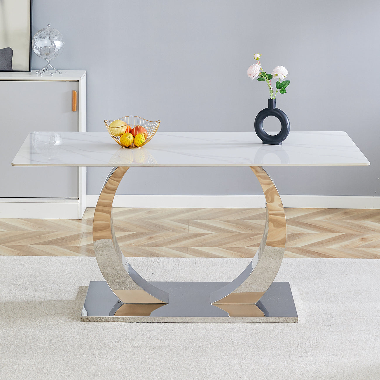 63X31.5X30 Inch Slate Dining Table A Perfect Blend Of Durability And Elegance.Rock Slab Desktop,Burnt Stone With Lmitation Marble Texture,Silver Stainless Steel Metal Table Legs. White Silver