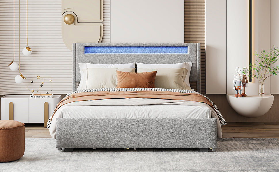 Queen Size Upholstered Platform Bed With Led Frame, With Twin Xl Size Trundle And 2 Drawers, Teddy Fleece, Gray Gray Fleece