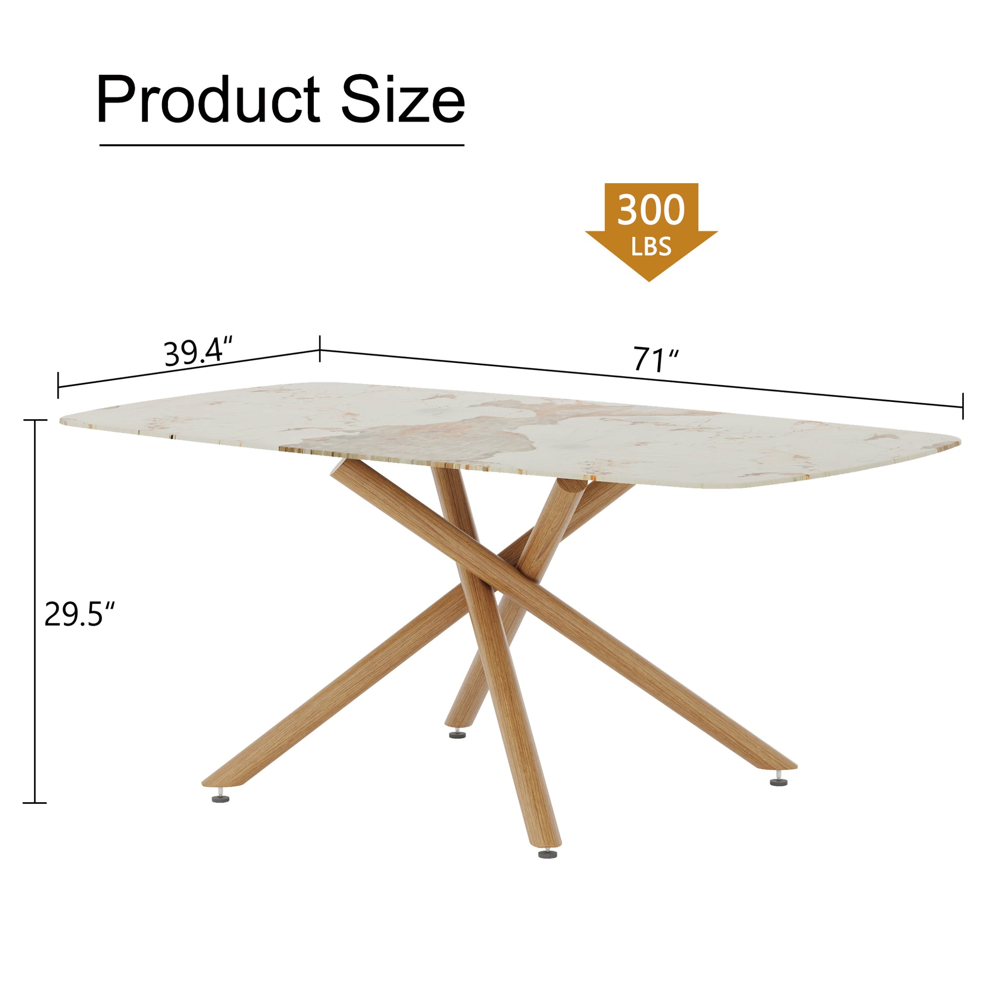 Large Modern Minimalist Rectangular Dining Table With 0.39 "Imitation Marble Top And Wood Colored Metal Legs, Suitable For Kitchen, Dining Room, Living Room, Meeting Room And Banquet Hall 1537 Wood Glass Metal