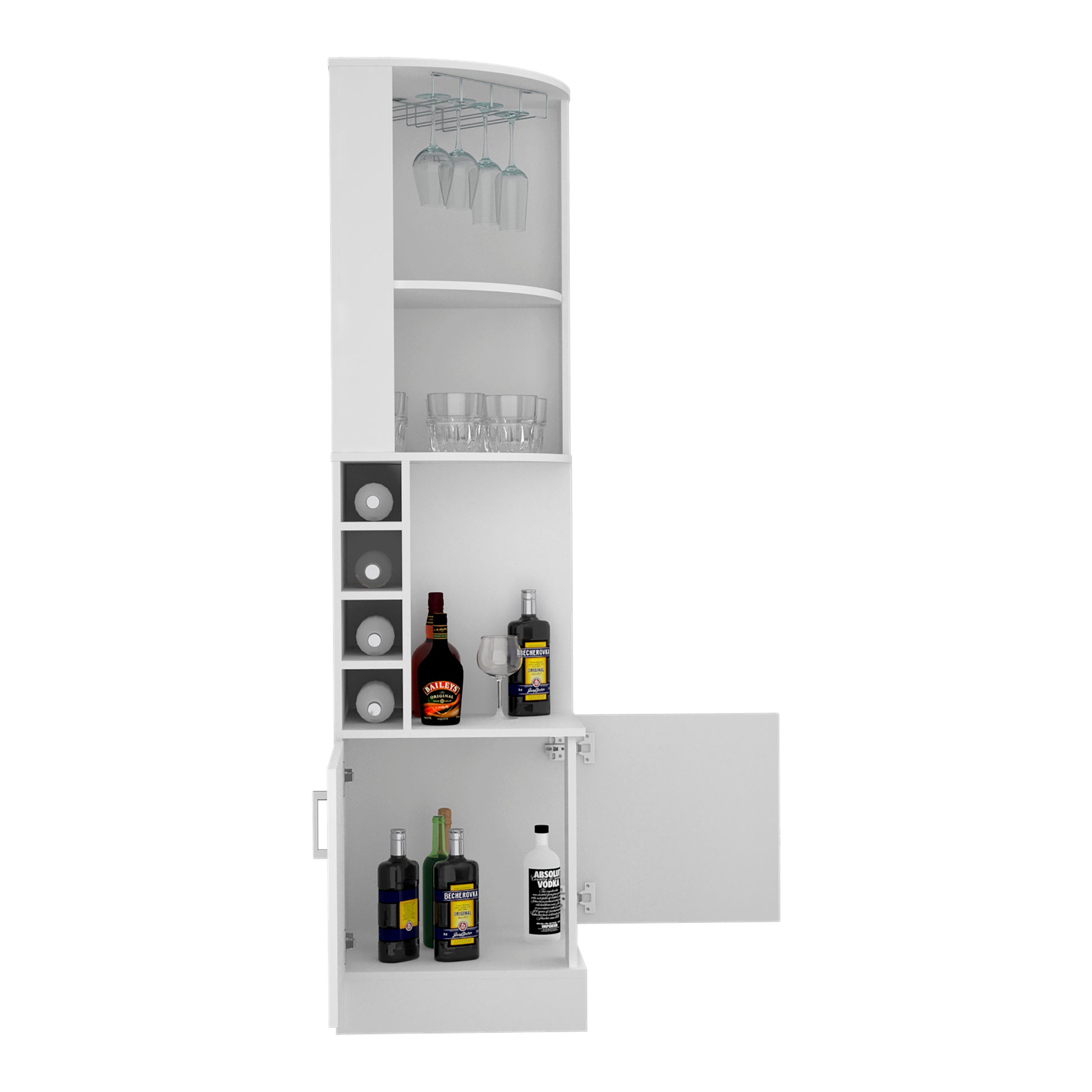 Seattle Bar Cabinet, Eight Bottle Cubbies, Two Large Open Shelves White Particle Board Engineered Wood