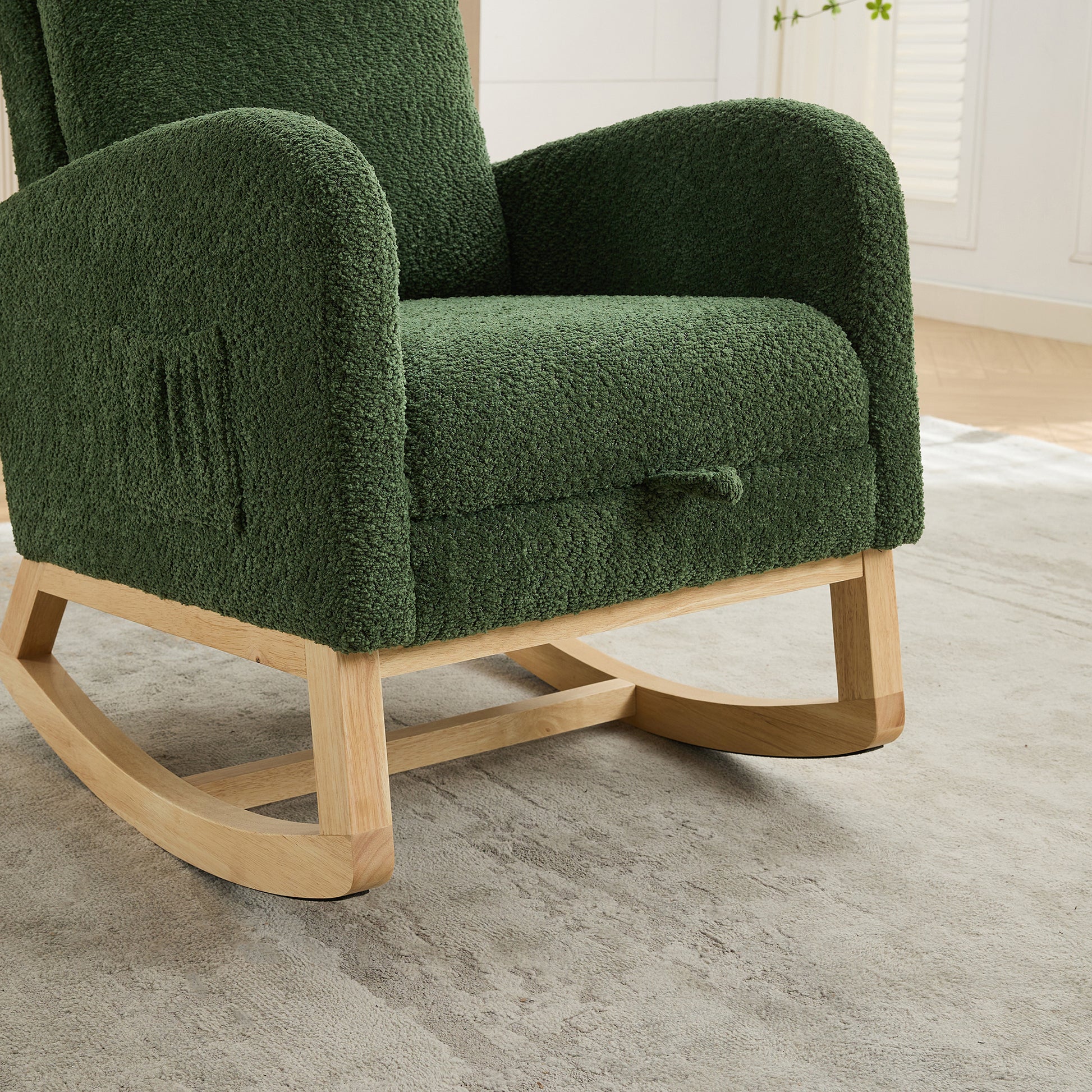 25.4"W Rocking Chair For Nursery, High Back Glider Chair With Retractable Footrest, Side Pocket, Rocking Accent Armchair With Rubber Wood Legs For Living Room Bedroom.Green Green Boucle