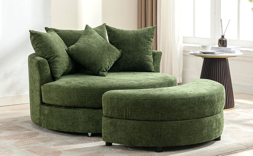 Orisfur. 360 Swivel Accent Barrel Chair With Storage Ottoman & 4 Pillows, Modern Chenille Leisure Chair Round Accent For Living Room, Green Green Foam Chenille