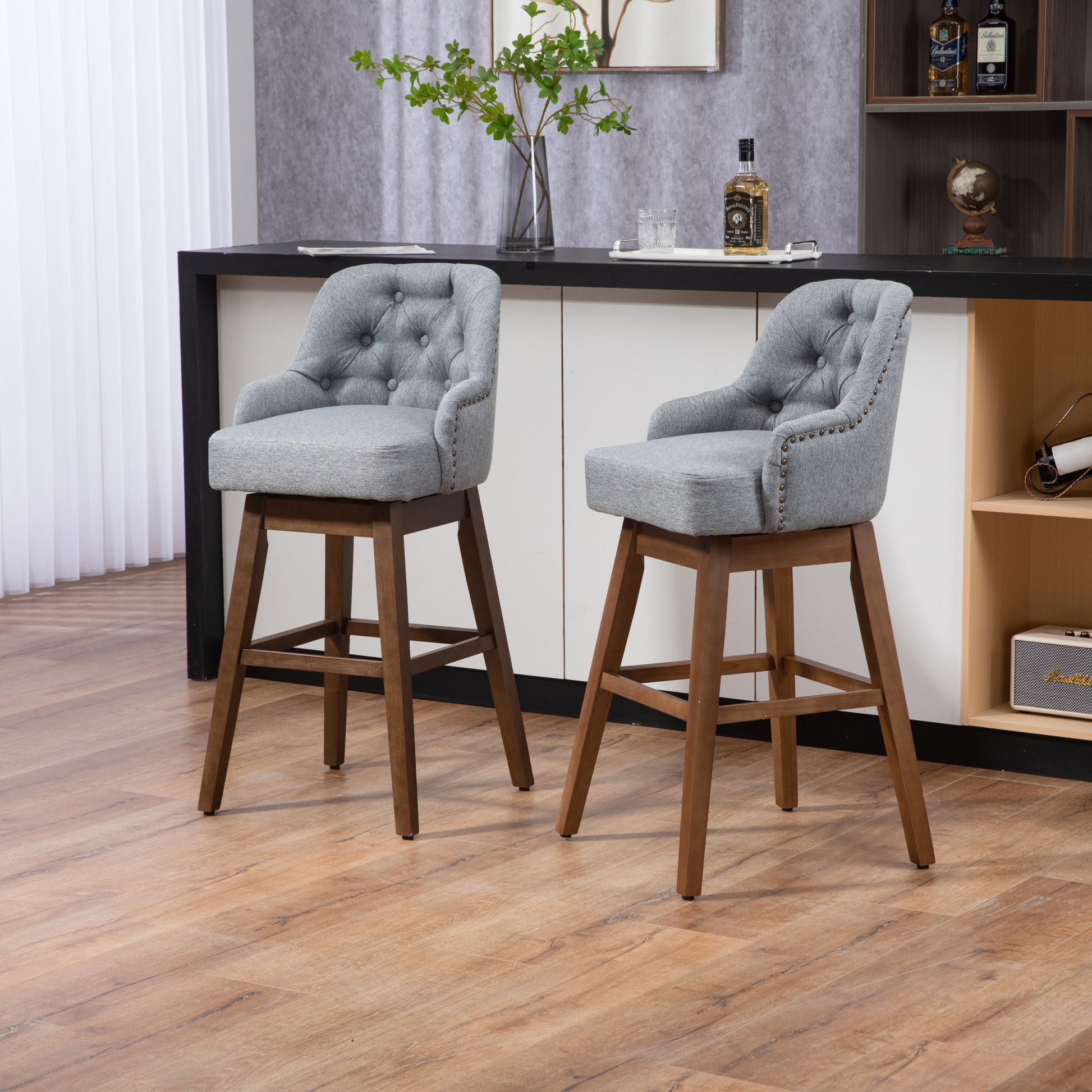 Coolmore Bar Stools Set Of 2 Counter Height Chairs With Footrest For Kitchen, Dining Room And 360 Degree Solid Wood Legs Swivel Bar Stools Set Of 2 Gray Linen Gray Foam Linen