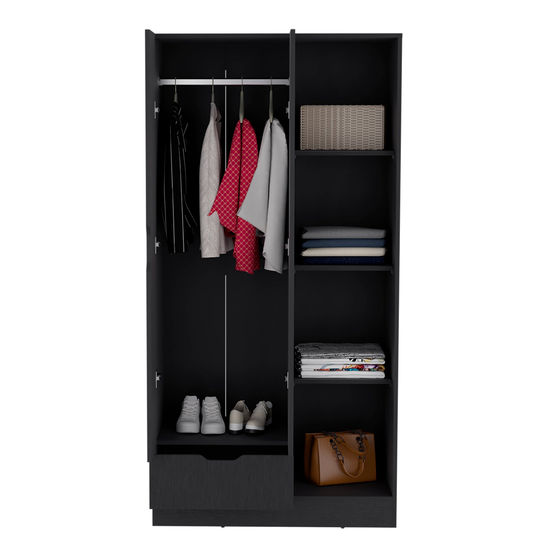 Memphis Wardrobe Armoire With 4 Tier Storage Shelves And 1 Drawer Black Black Bedroom Particle Board