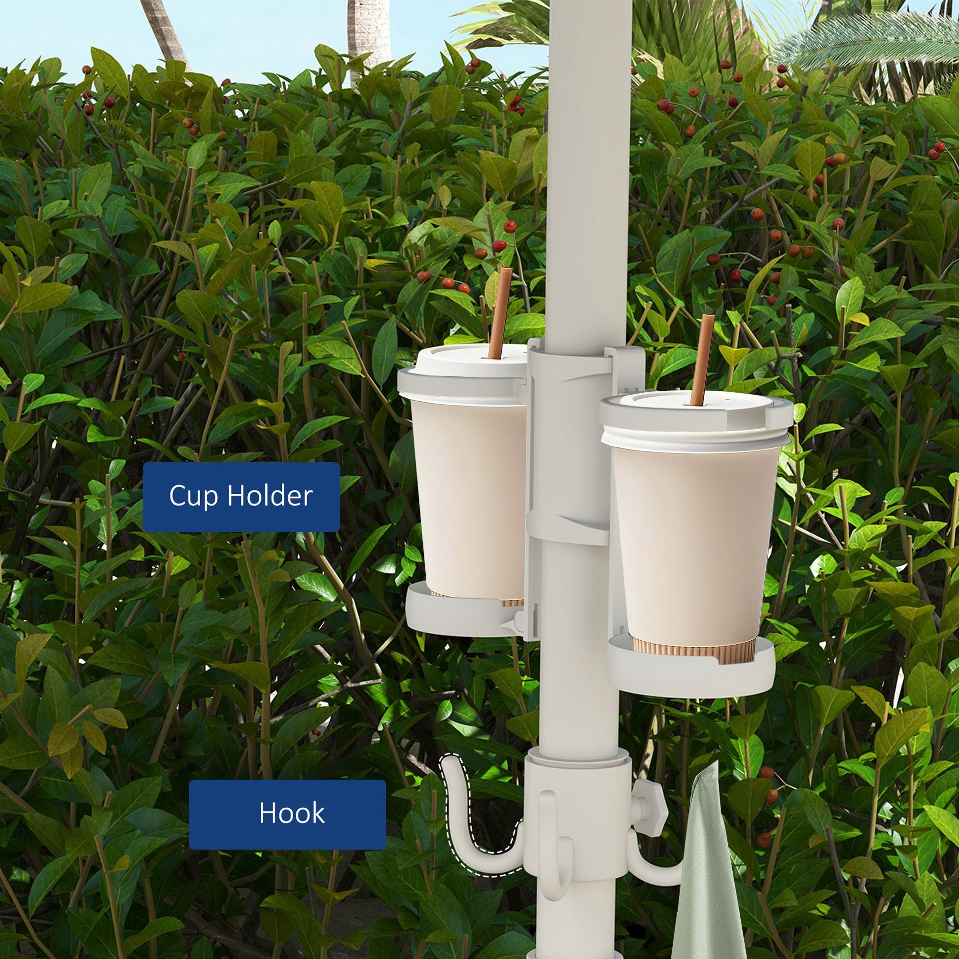 Outsunny 5.7' Portable Beach Umbrella With Tilt, Adjustable Height, 2 Cup Holders & Hooks, Uv 40 Ruffled Outdoor Umbrella With Vented Canopy, Blue White Stripe Colorful Polyester