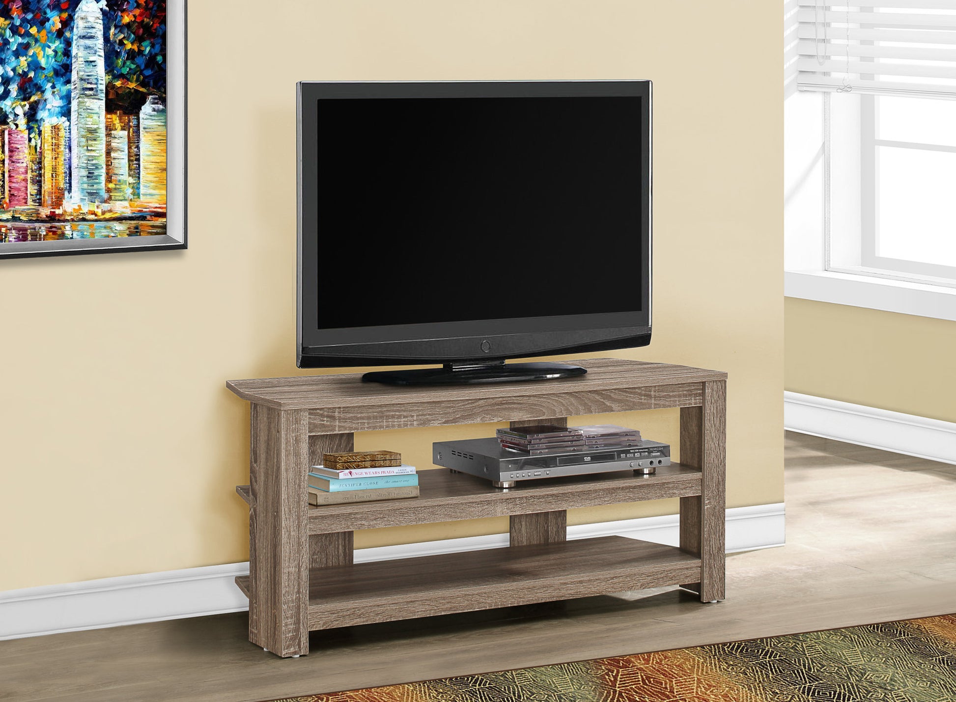 Tv Stand, 42 Inch, Console, Media Entertainment Center, Storage Shelves, Living Room, Bedroom, Brown Laminate, Contemporary, Modern Taupe 80 89 Inches Particle Board