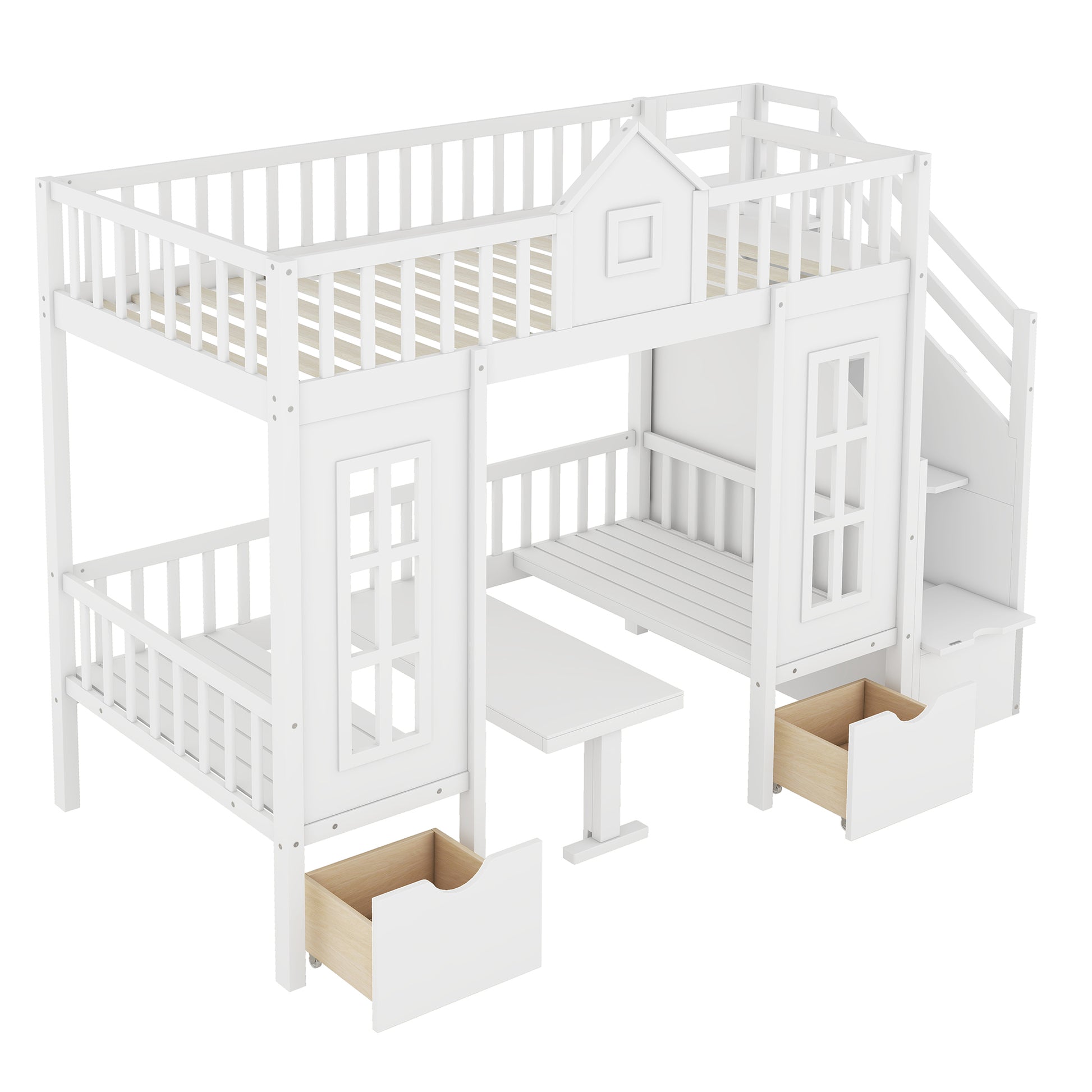 Twin Over Twin Bunk Bed With Changeable Table, Bunk Bed Turn Into Upper Bed And Down Desk White Twin White Solid Wood