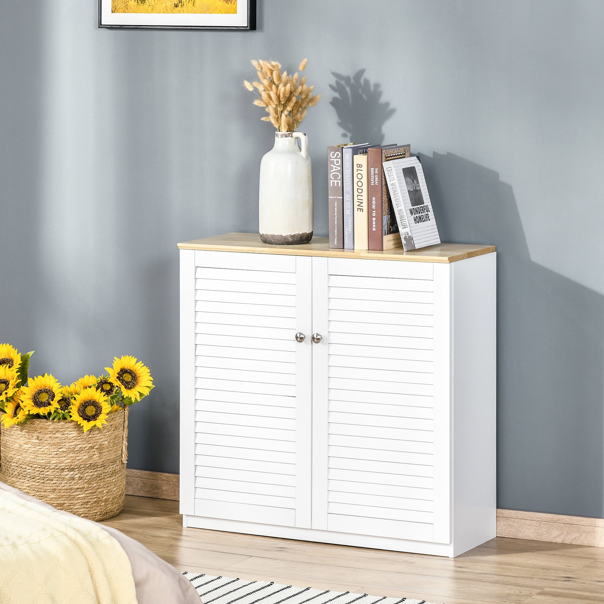 Homcom Sideboard Buffet Cabinet, Kitchen Cabinet, Coffee Bar Cabinet With Double Louvered Doors And Adjustable Shelf For Living Room, Hallway, White White Mdf