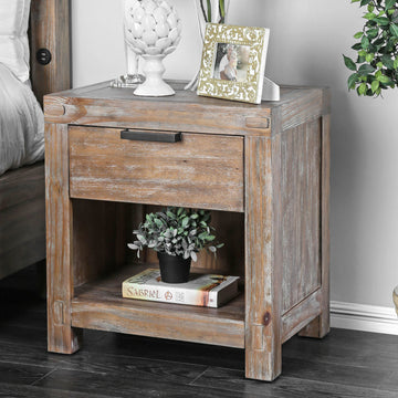 Rustic Weathered Light Oak 1Pc Nightstand Black Bar Pull Bedroom Furniture Bedside Table 1 Drawer Light Oak 1 Drawer Bedroom Bedside Cabinet Contemporary,Modern Solid Wood Solid Wood