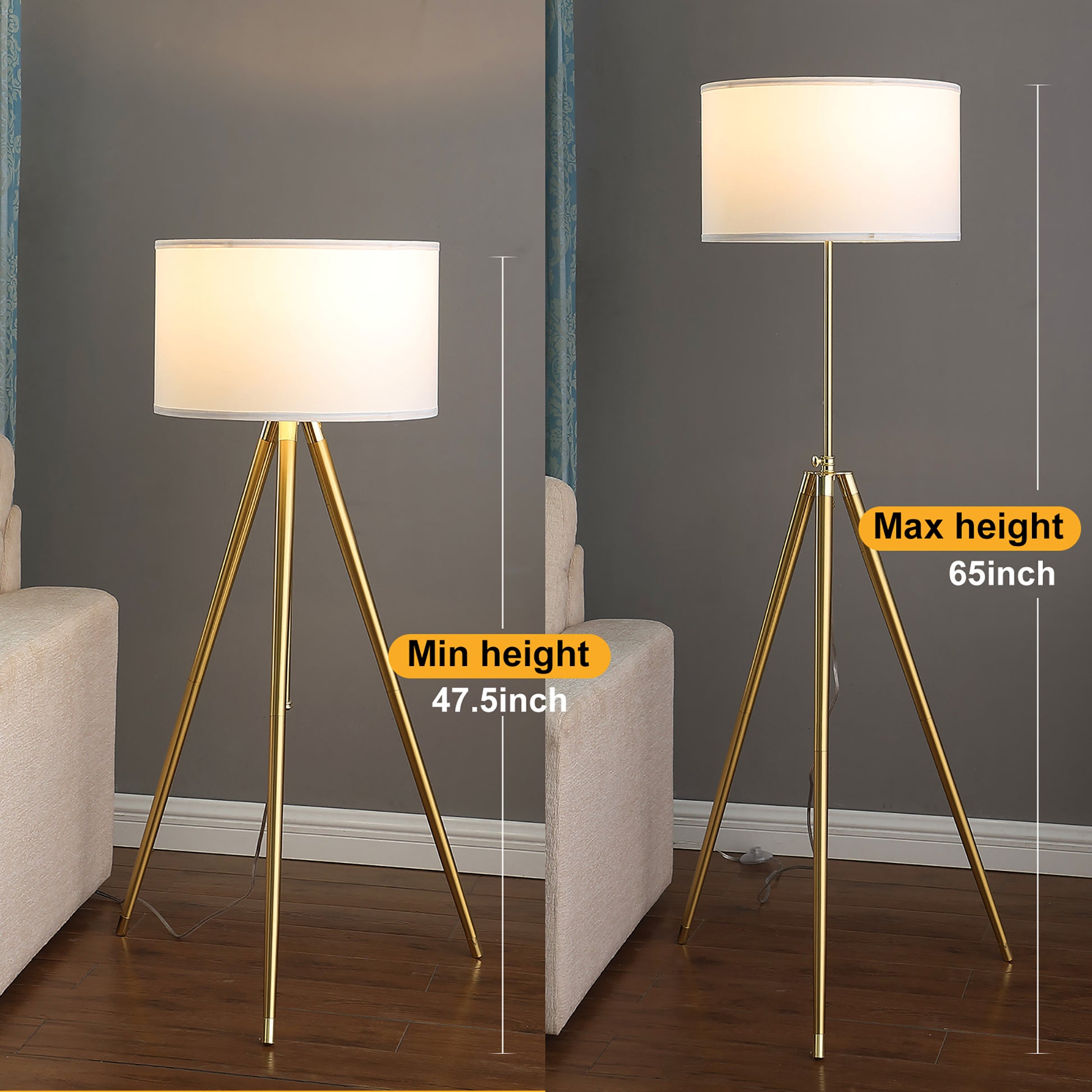 64" 47"H Adjustable Height Brass Shiny Gold Modern Tripod Floor Lamp For Living Room, Standing Lamp For Bedroom Gold White Fabric Metal