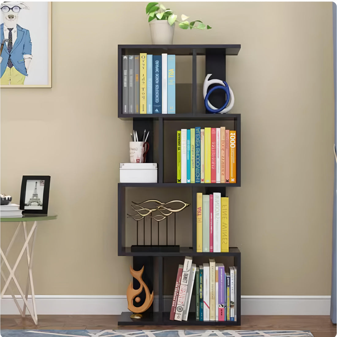 Dfw 4 Tier Storage Shelf S Shaped Bookcase, Multifunctional Wooden Display Decor Furniture, Free Standing Industrial Storage Rack For Living Room Bedroom Office, Modern 4 Shelf Bookcase 1 Black 4