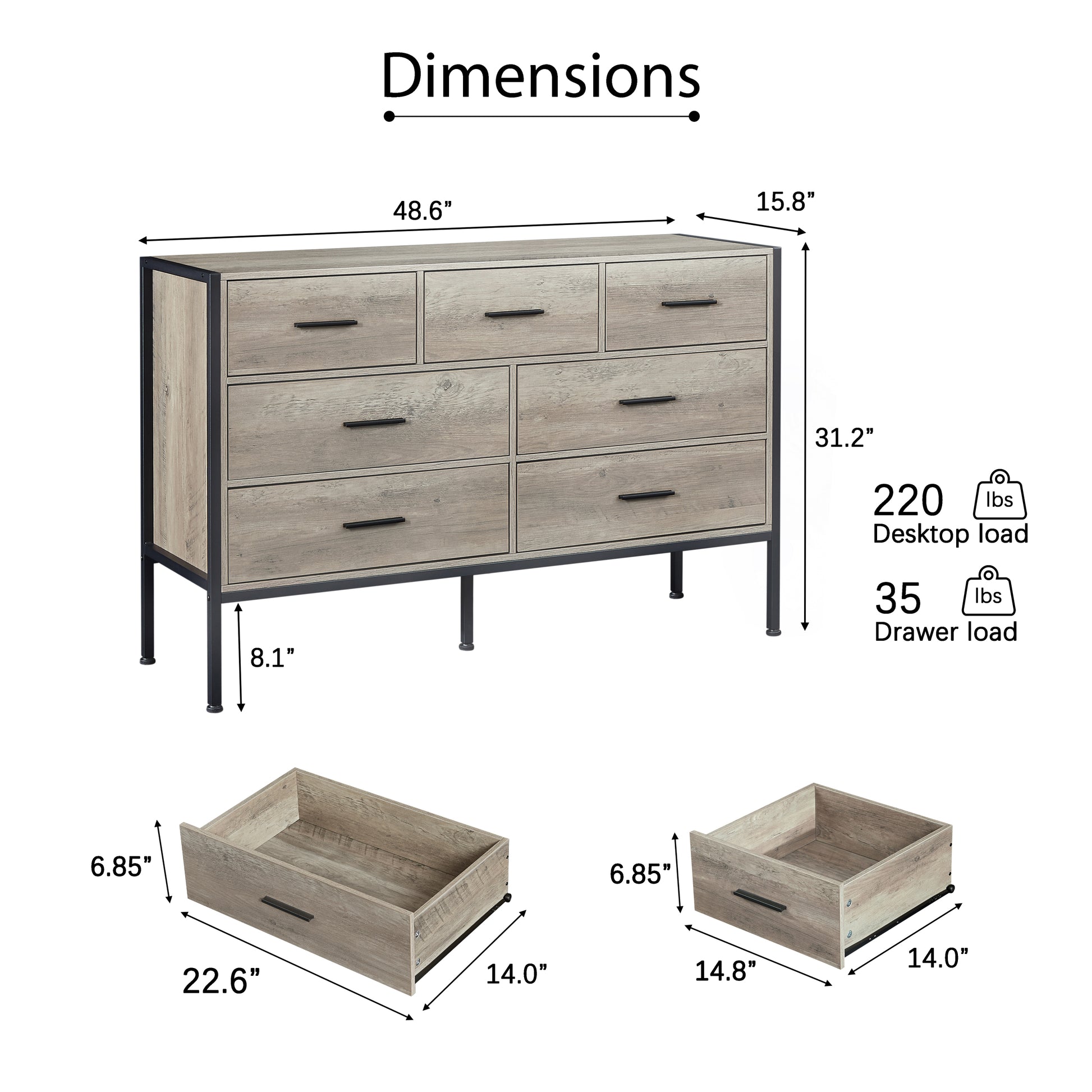 Wood Dresser With 7 Drawers, Wooden Storage Closet For Bedroom, Solid Clothes Cabinet With Sturdy Steel Frame, 48.58"W 15.75"D 31.22"H, 48 Inch, Rustic Grey Gray Gray Primary Living Space Luxury,Retro,Rustic,Vintage Particle Board