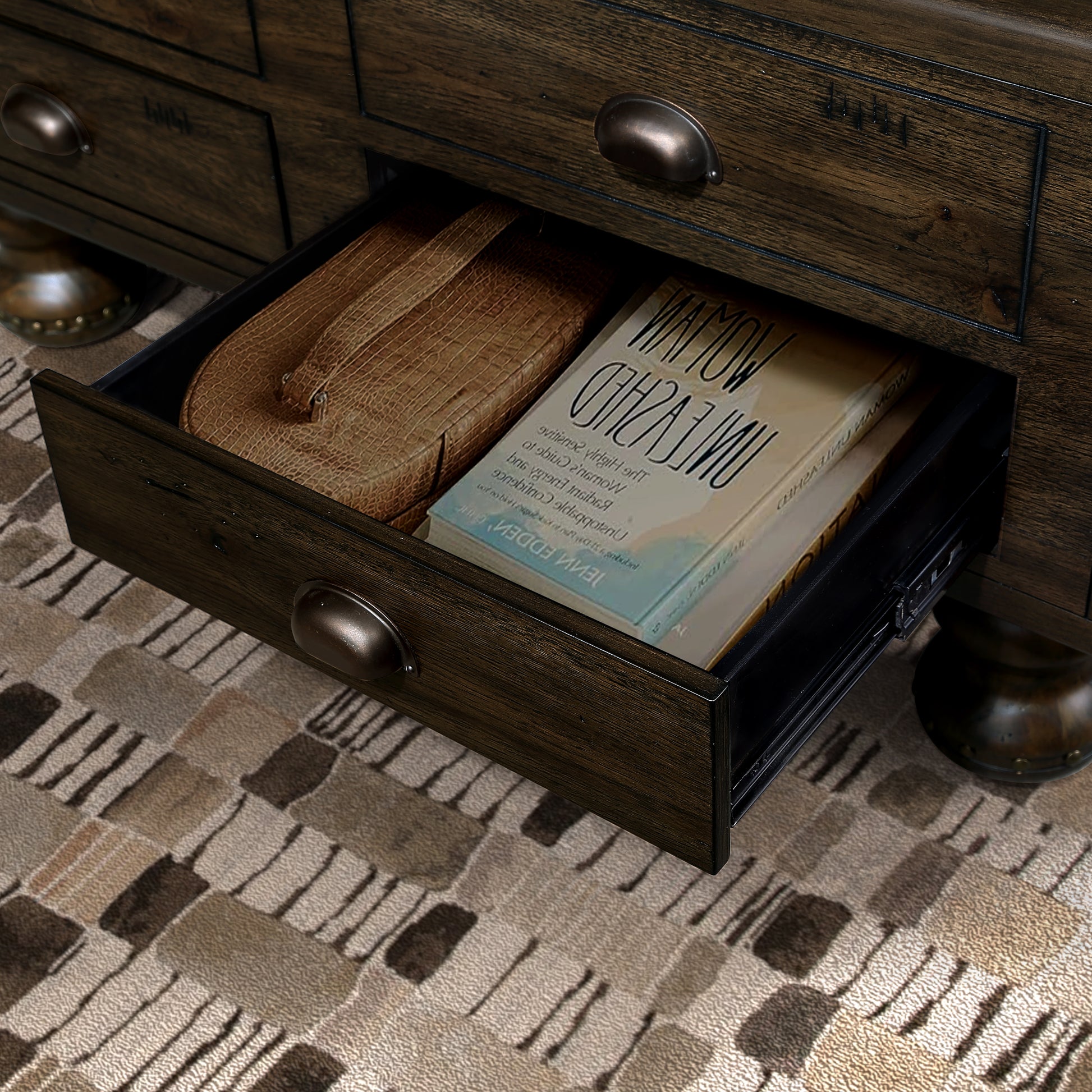 Solid Wood Rectangle Coffee Table For Living Room, 40 Inch Antique Coffee Table With 4 Drawers, Wood Center Table Tea Table With Rivet Decoration Legs.Easy Assembly, Espresso Espresso Pine