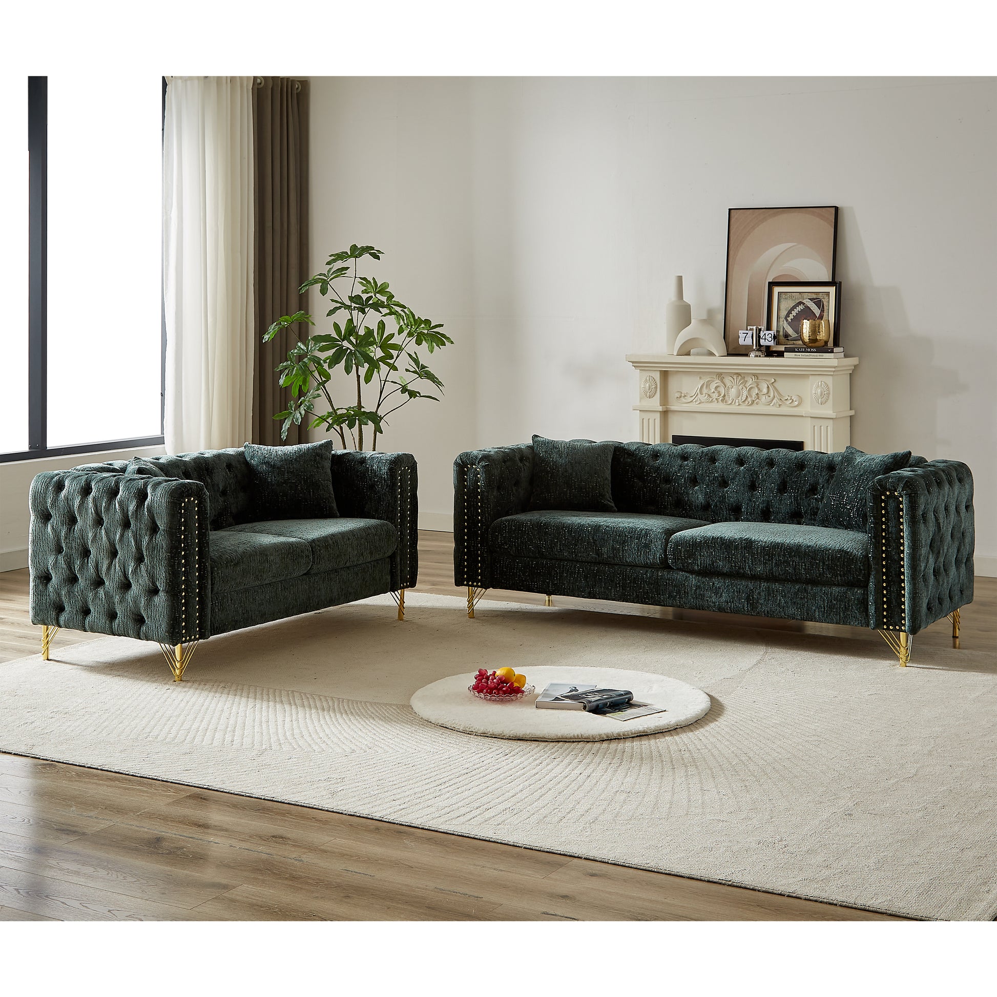 Chenille Pull Buckle Design Sofa For Living Room,Buttons Tufted With Copper Nail Decoration Armrest, Modern Couch Upholstered Button And Metal Legs Green Foam Chenille 5 Seat