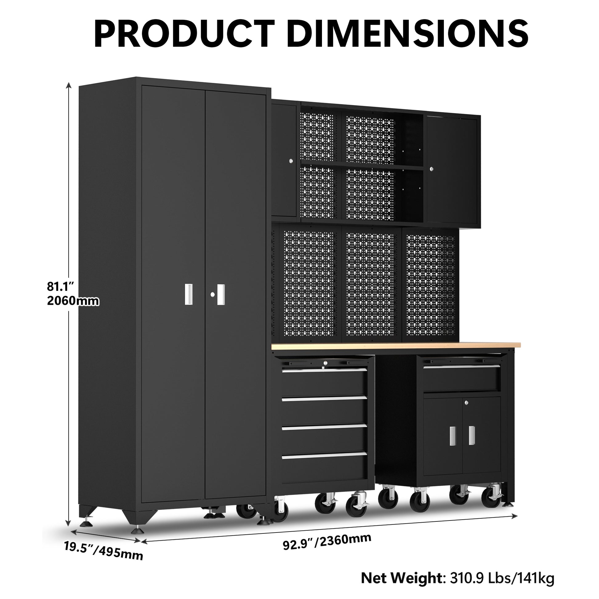 Garage Cabinets And Storage Stem, 6 Piece Garage Organization Cabinets Set With Worktop, Pegboard, 2 Rolling Chests, Lockers, Tool Storage Chest For Workshop Black Steel