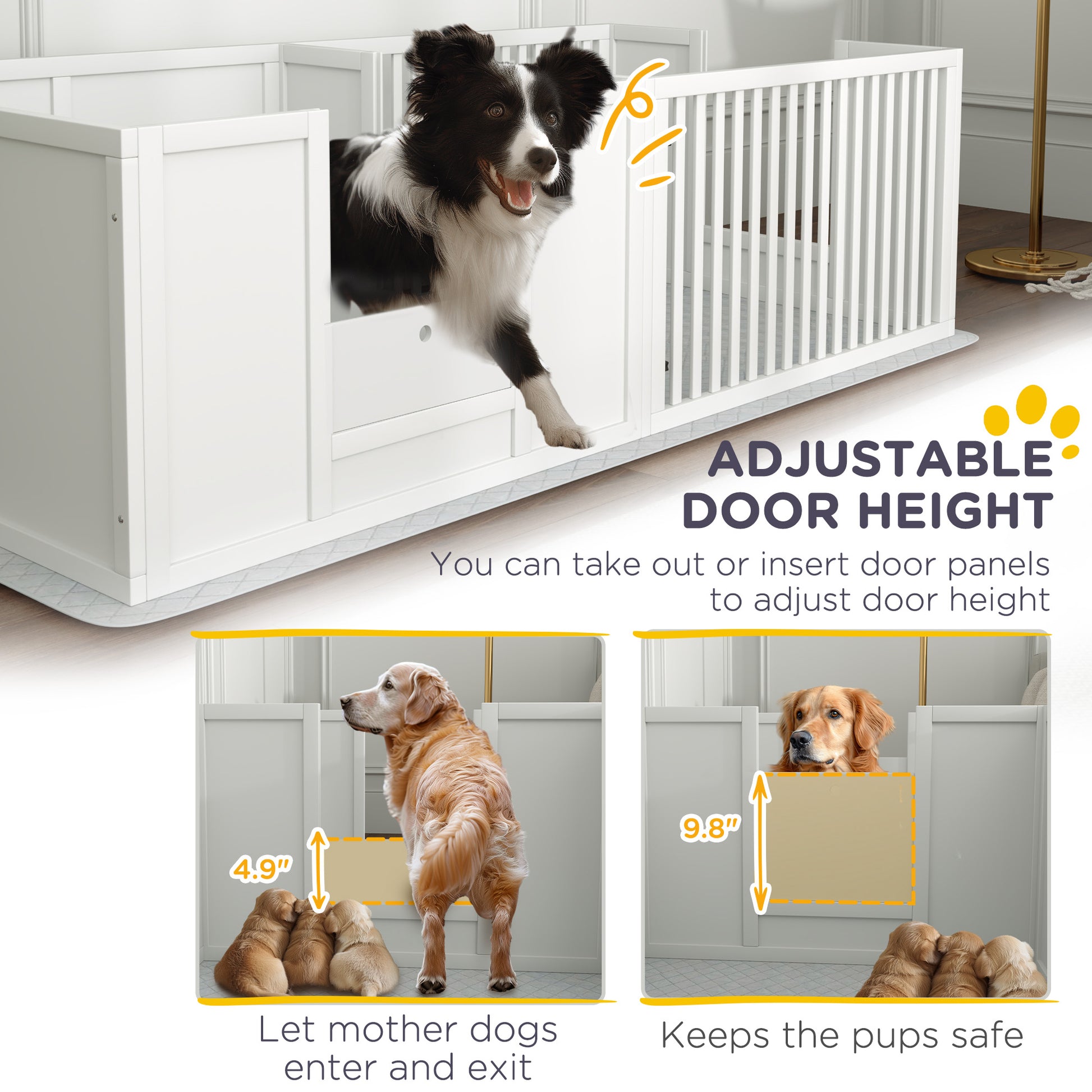 Pawhut Whelping Box For Dogs, Dog Whelping Box With Waterproof Pee Pad & Adjustable Door For Small, Medium & Large Breed Dogs, 65" X 31.5" White Wood