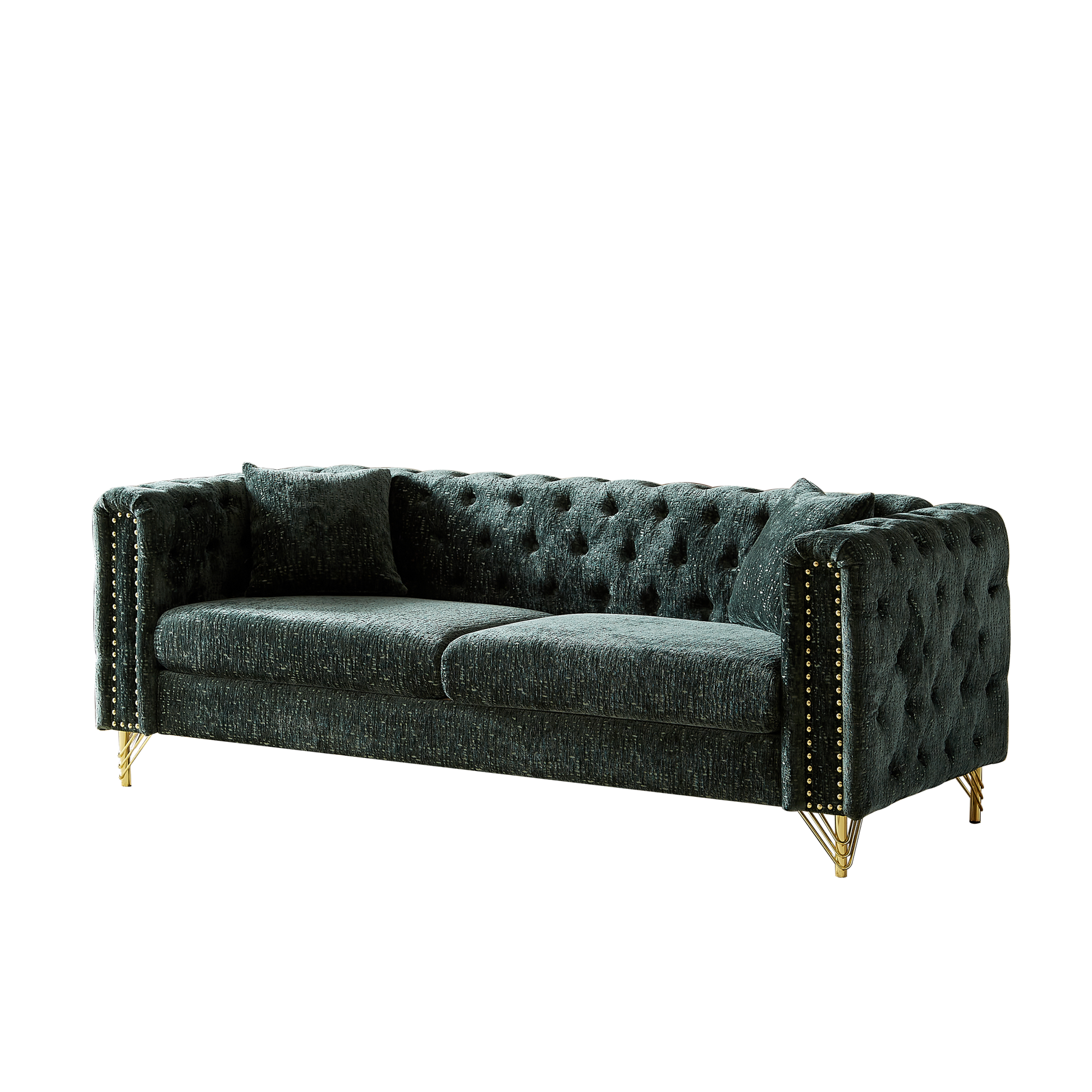 82 Inch Chenille Pull Buckle Design Sofa For Living Room,Buttons Tufted With Copper Nail Decoration Armrest, Modern Couch Upholstered Button And Metal Legs Green Foam Chenille 3 Seat