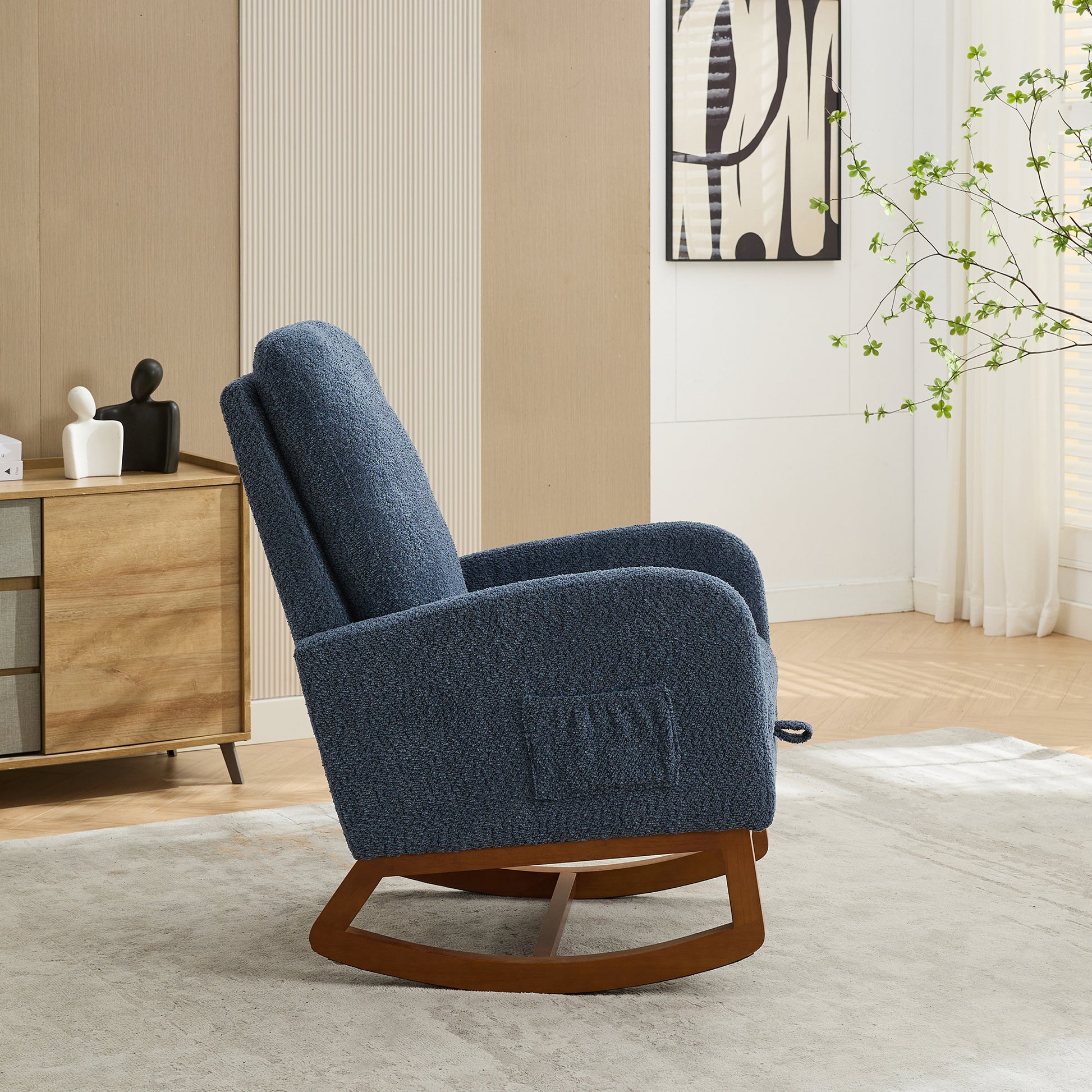 25.4"W Rocking Chair For Nursery, High Back Glider Chair With Retractable Footrest, Side Pocket, Rocking Accent Armchair With Rubber Wood Legs For Living Room Bedroom.Navy Navy Boucle