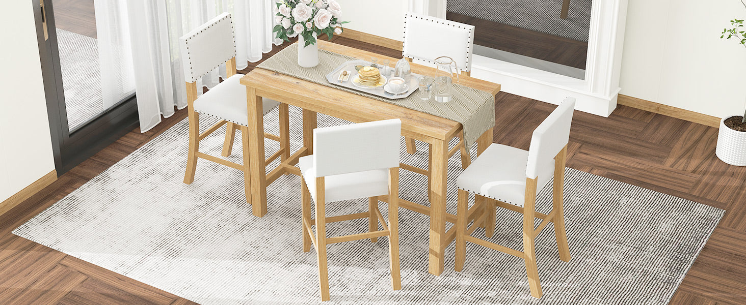 5 Piece Counter Height Dining Set, Classic Elegant Table And 4 Chairs In Natural Wood Wash Natural Wood Wash Solid Wood