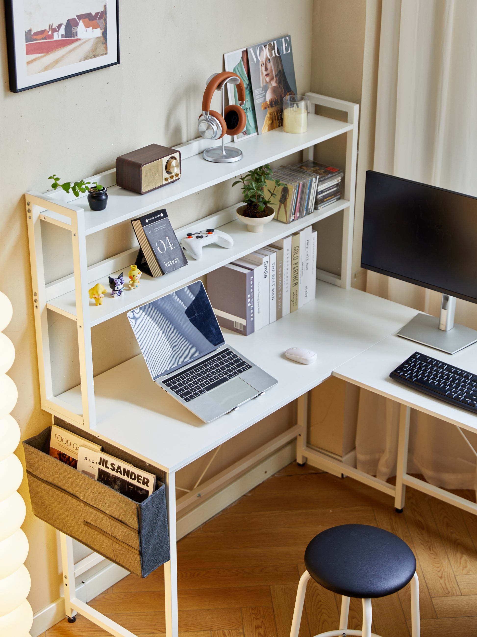 94.5 Inch Home Office Desk L Shape Gaming Desk With Storage Shelves And Stool White Mdf Metal