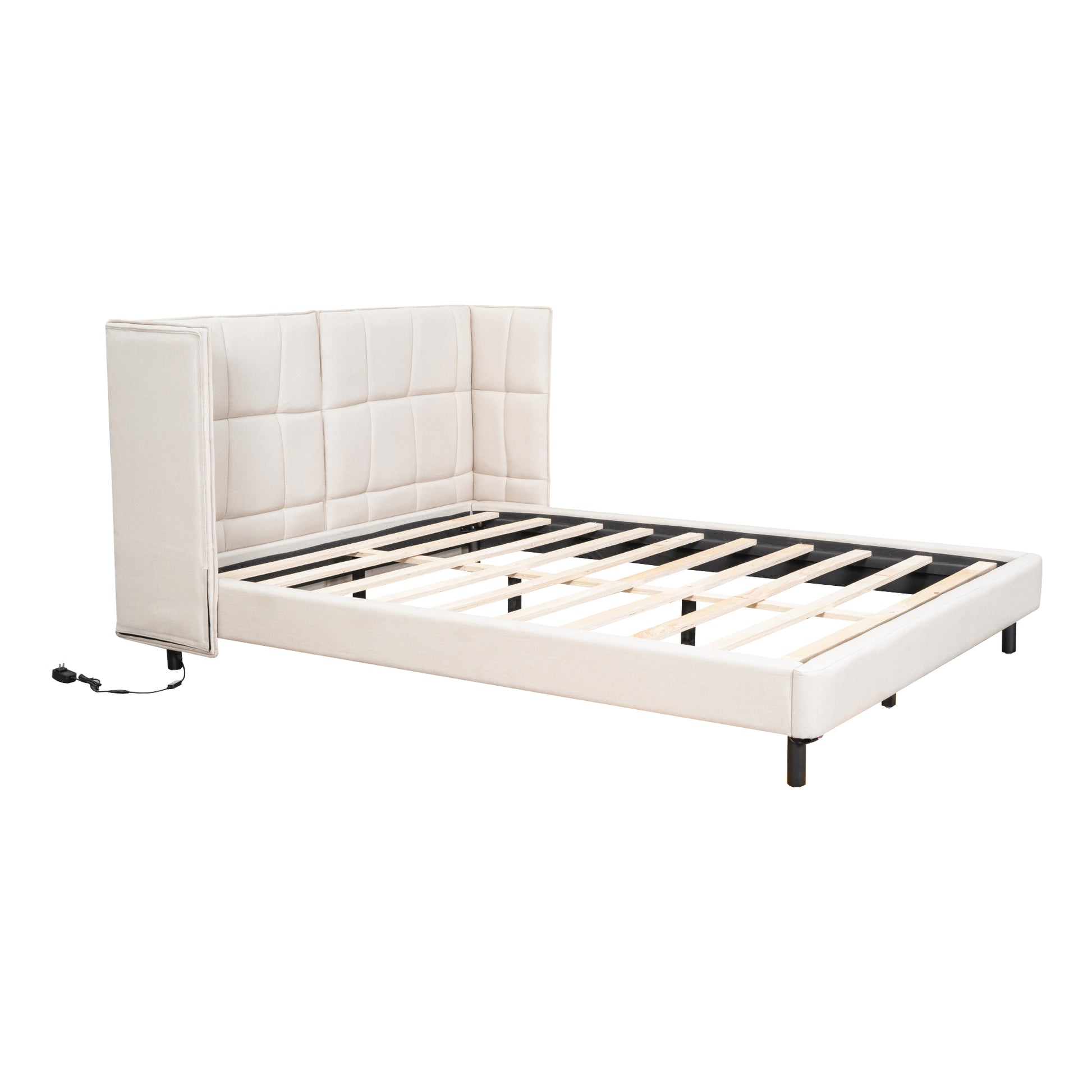 Queen Size Upholstered Platform Bed With Led Lights And U Shaped Headboard, Linen Fabric, Beige Queen Beige Wood Metal