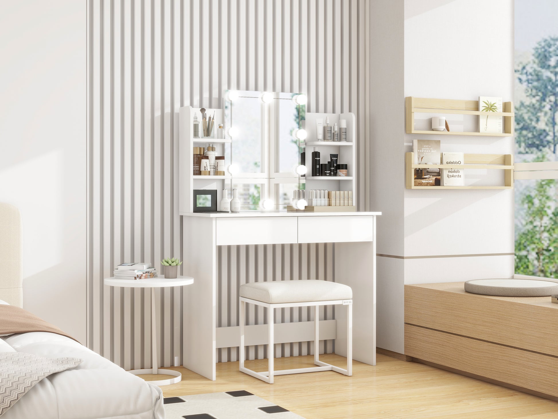 Makeup Vanity Desk With Led Lighted Mirror ,Dressing Table Set With 2 Large Drawers 10 Led Light ,White Color White Primary Living Space Modern Particle Board