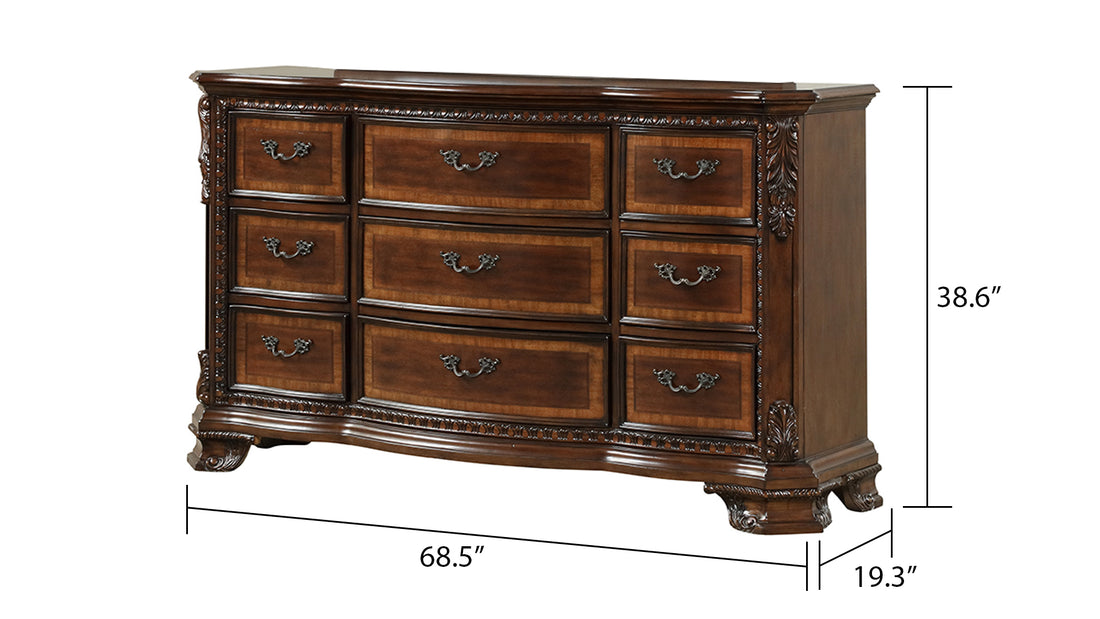 Traditional Style 9 Drawer Dresser With Metal Drawer Pulls Made With Wood In Dark Walnut Walnut Brown Bedroom Traditional Solid Wood Mdf Wood