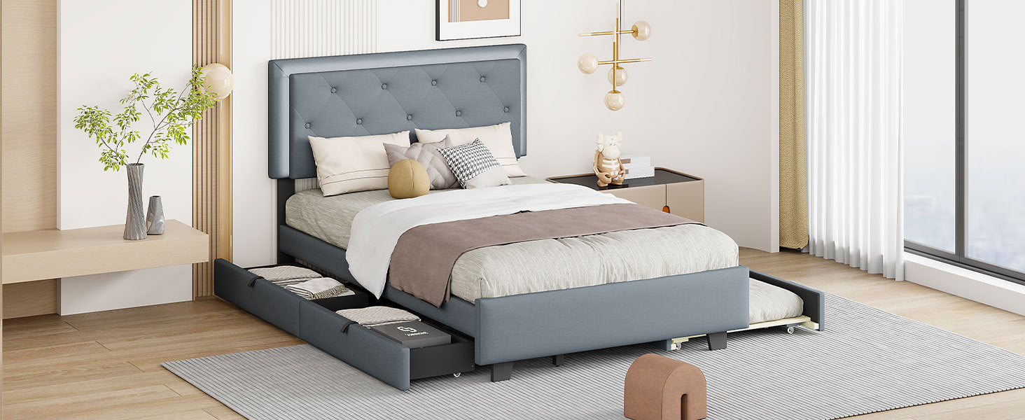 Full Size Velvet Storage Platform Bed, With 2 Big Drawers, T Size Trundle And Led Light, Gray Gray Velvet