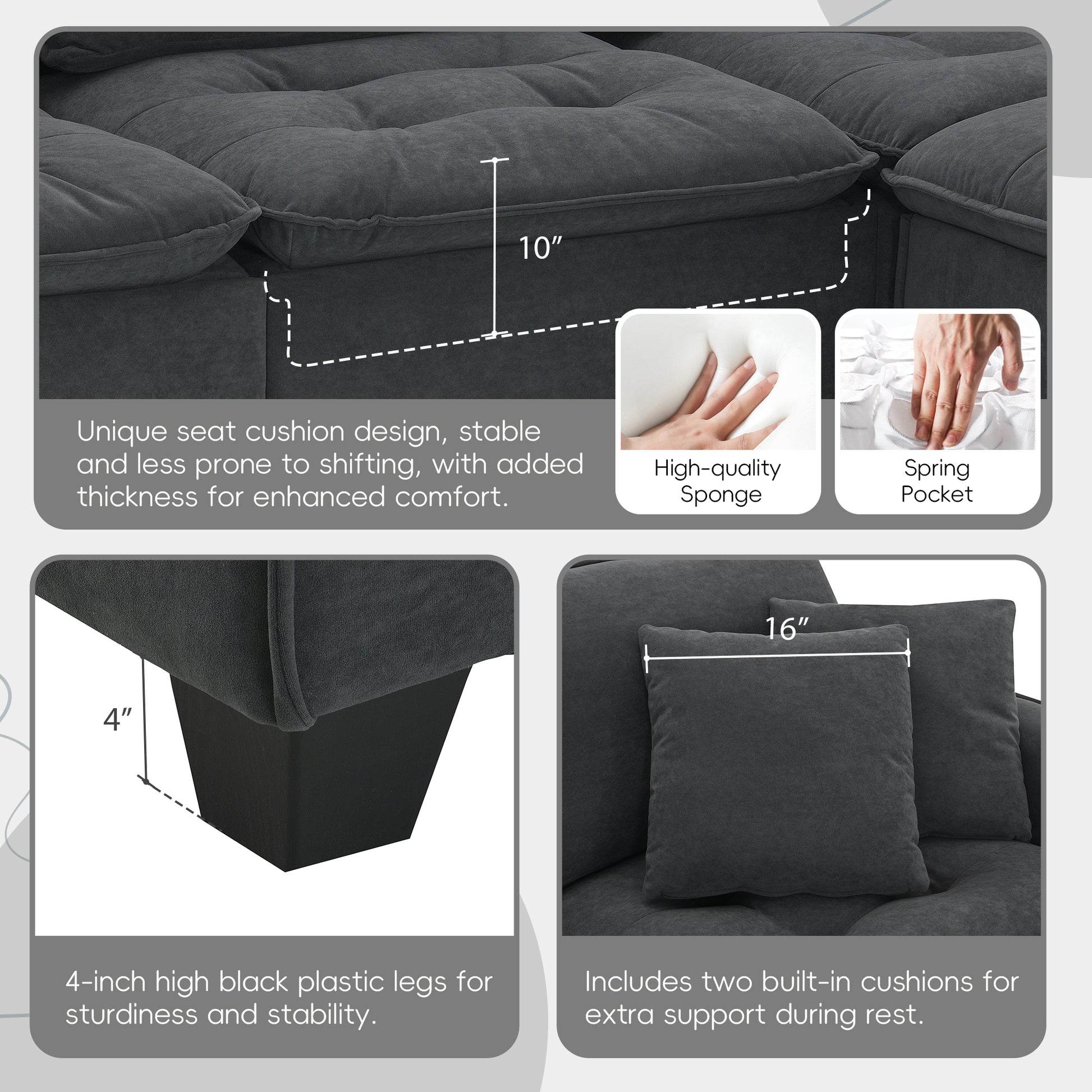 100*59" Modern Convertible Sectional Sofa,L Shaped Reversible Couch Set With Free Pillows,4 Seat Suede Velvet Sleeper Sofa With Ottoman For Living Room,Apartment,Office,3 Colors Dark Gray Suede 4 Seat