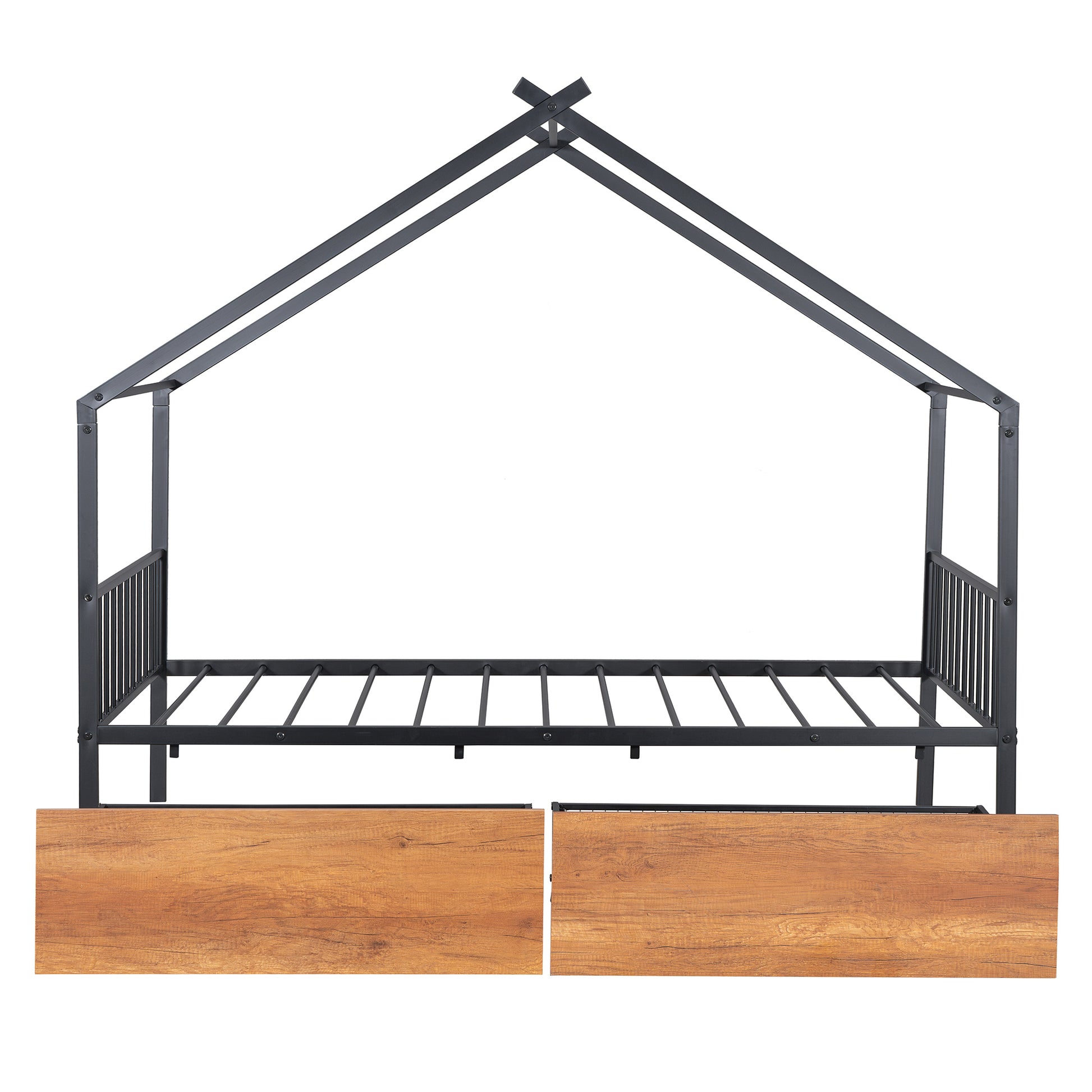 Twin Size Metal House Bed With Two Drawers, Black Twin Black Metal