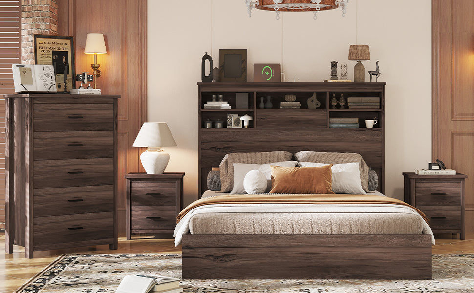 4 Pieces Bedroom Sets Queen Size Vintage Wooden Bed Frame With 2 Nightstands And 1 Dresser,Dark Walnut Box Spring Not Required Queen Walnut 4 Piece Set American Traditional Solid Wood Mdf