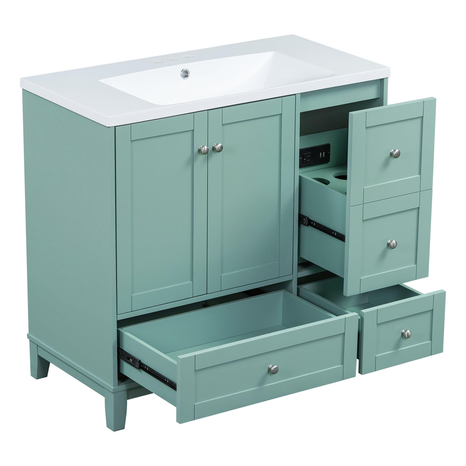 36 Inch Modern Bathroom Vanity With Usb Charging, Two Doors And Three Drawers Bathroom Storage Vanity Cabinet, Small Bathroom Vanity Cabinet With Single Sinkgreen Faucets Not Included Green Bathroom Modern Solid Wood Mdf Resin