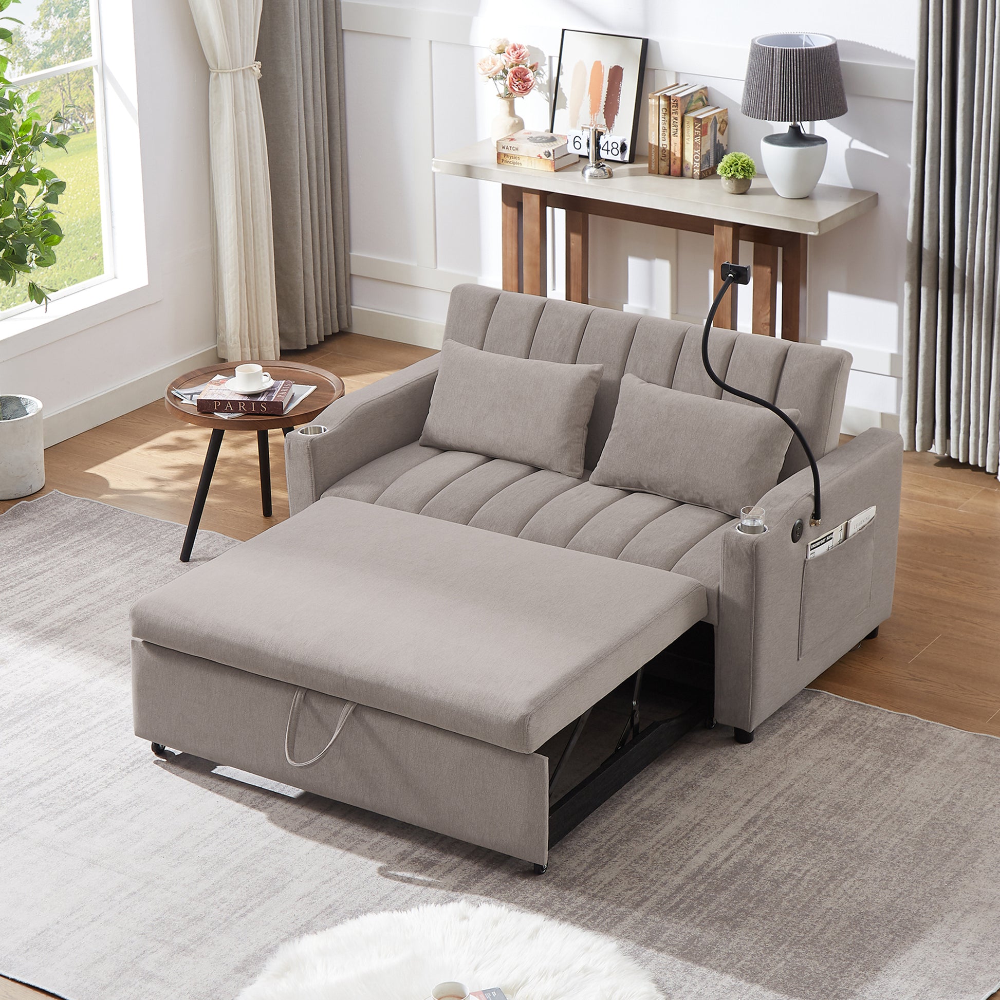 55.9" Convertible Sofa Bed Loveseat Sofa With Three Usb Ports, Two Side Pockets, Two Cup Holders And 360 Swivel Phone Holder For Living Room, Light Grey Light Grey Foam Polyester