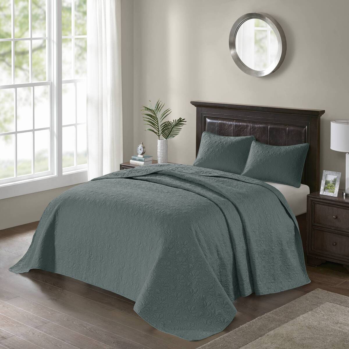3 Piece Reversible Bedspread Set Balsam Green King Green Polyester