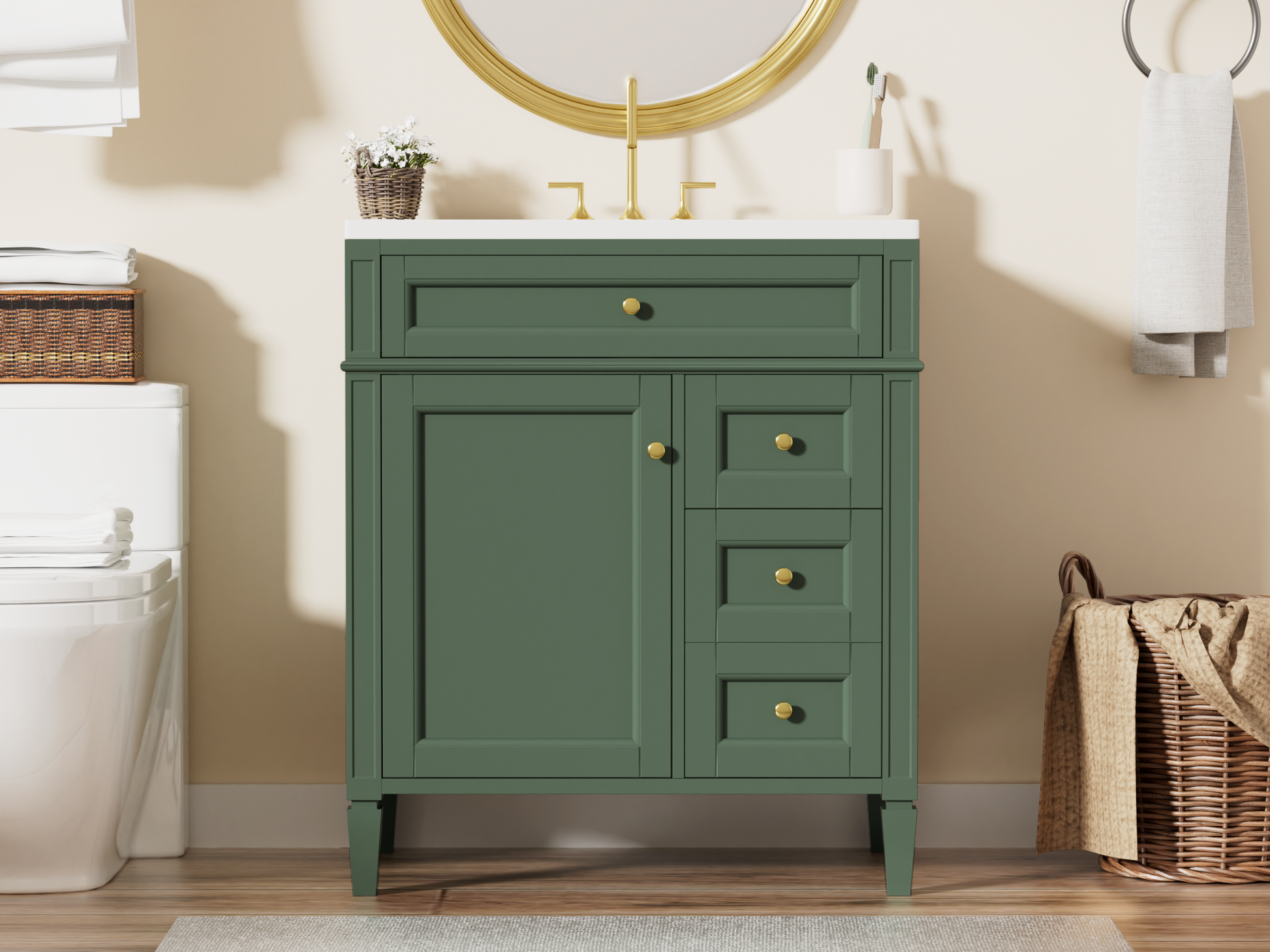 30'' Bathroom Vanity With Top Sink, Modern Bathroom Storage Cabinet With 2 Drawers And A Tip Out Drawer, Single Sink Bathroom Vanity 3 Green 1 2 Bathroom Freestanding Solid Wood Mdf Resin Painted