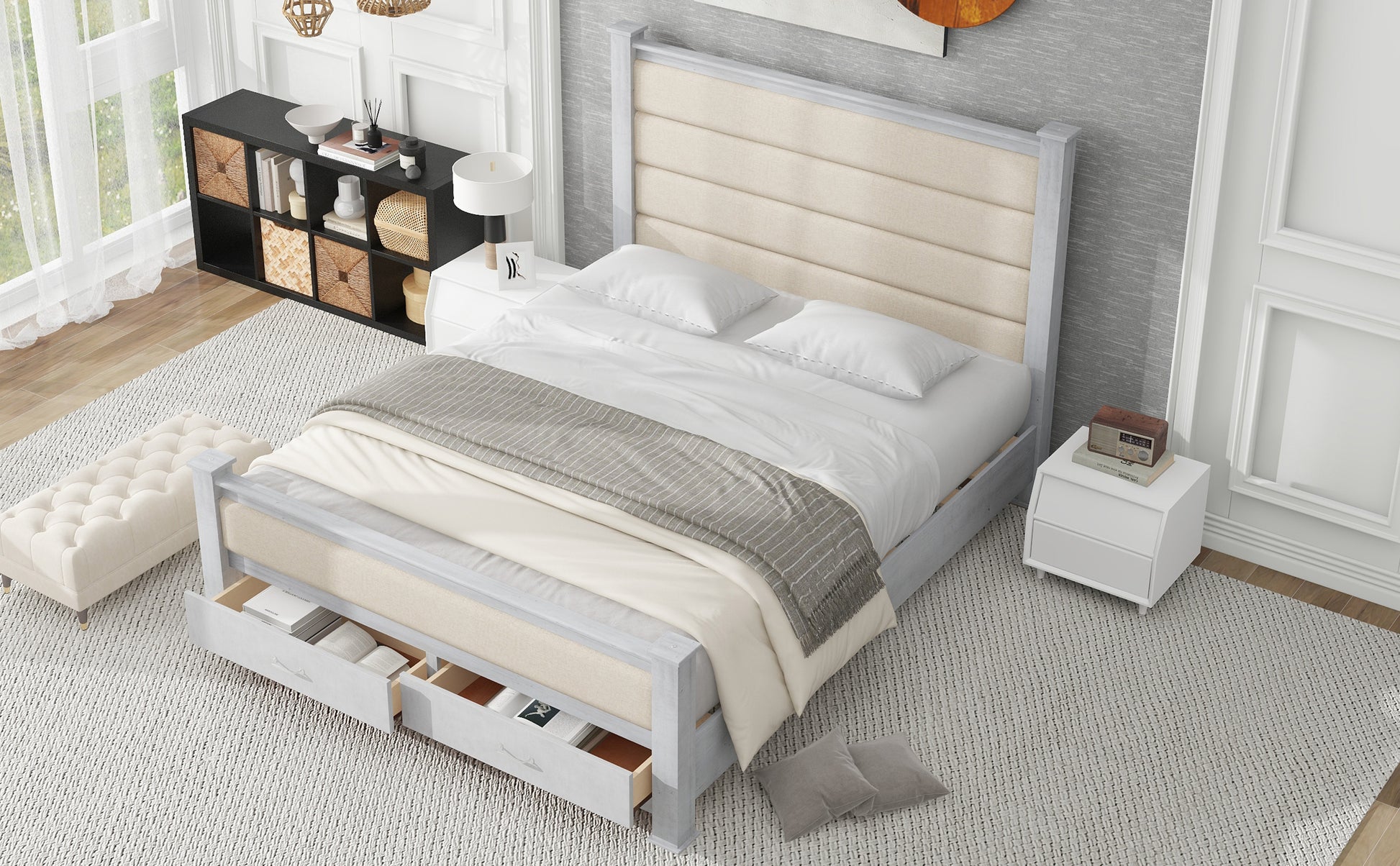Queen Size Wood Frame Platform Bed With Upholstered Headboard, Footboard And 2 Drawers, Antique White Box Spring Not Required Queen Antique White Wood Bed Frame Solid Wood Mdf