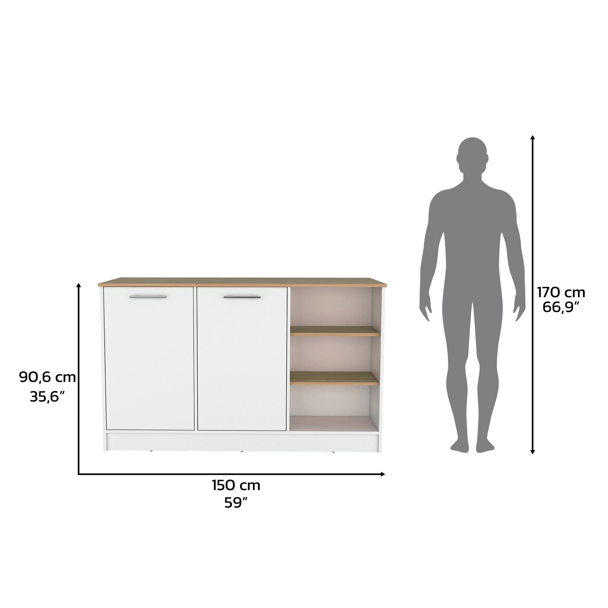 Kitchen Island Two Cabinets, Three Open Shelves, White Natural Oak Multicolor Solid Wood Mdf Engineered Wood