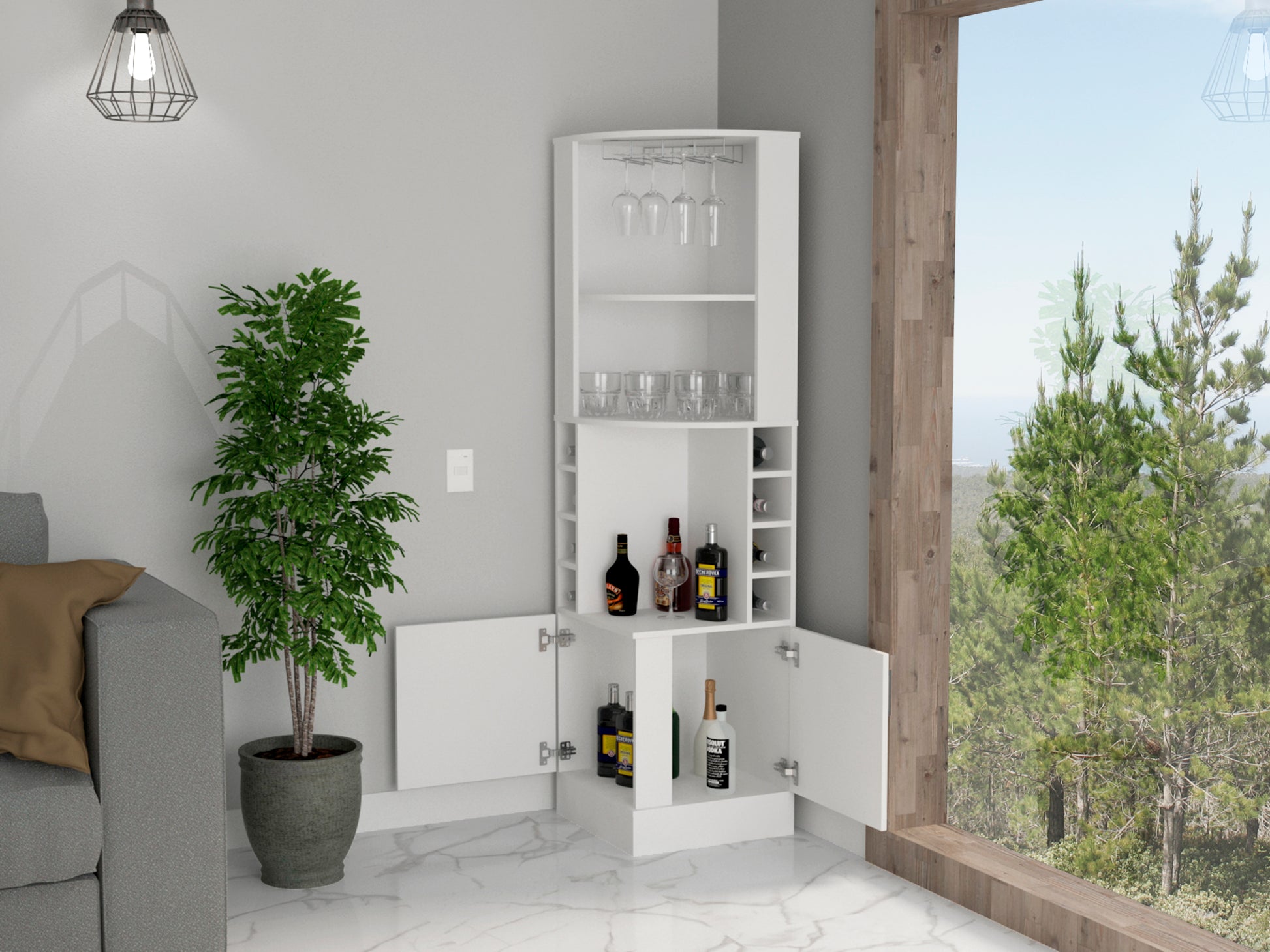 Seattle Bar Cabinet, Eight Bottle Cubbies, Two Large Open Shelves White Particle Board Engineered Wood