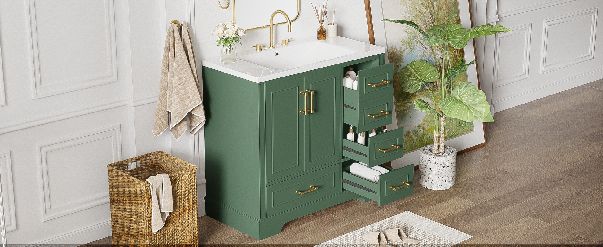 36 Inch Traditional Bathroom Vanity With Resin Sink Combo Set, Green Bathroom Cabinet With Two Doors And Four Drawers Green Bathroom Solid Wood Mdf Resin