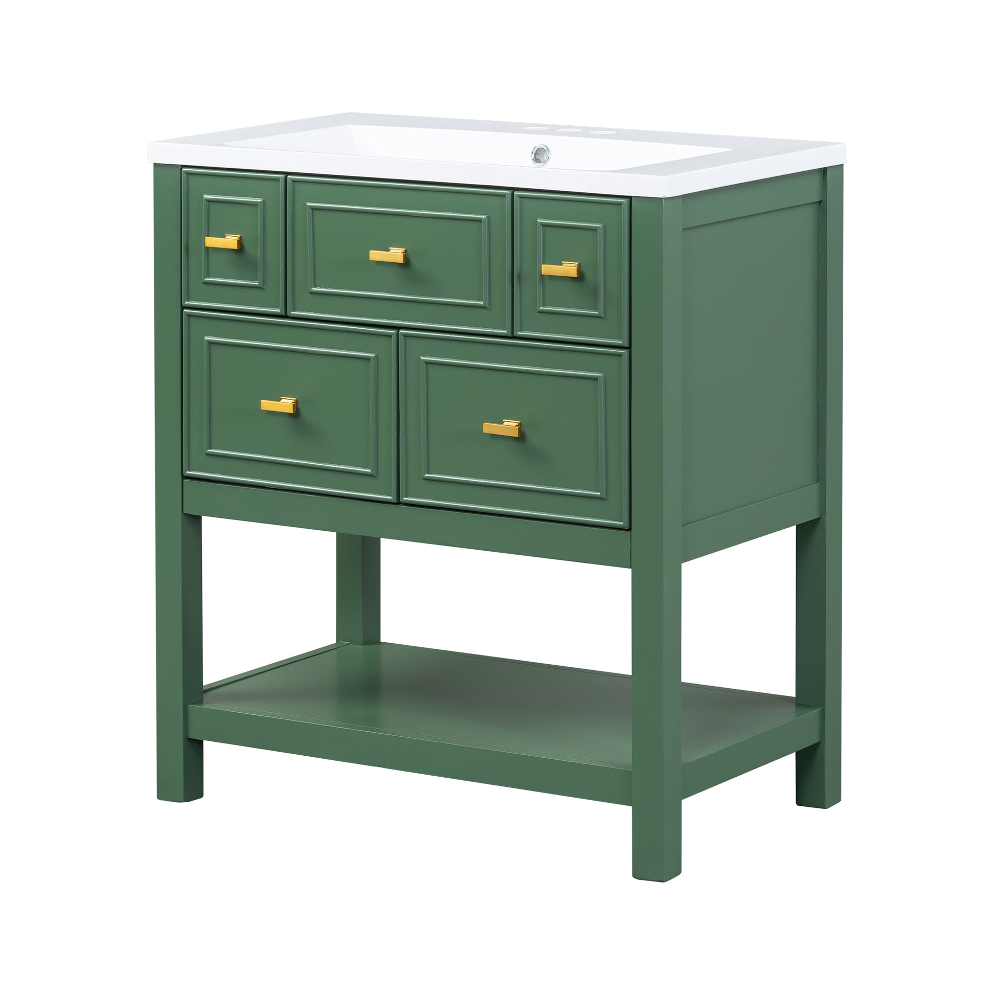 30'' Bathroom Vanity With Resin Sink Combo, Free Standing Single Vanity Set With 5 Drawers, Solid Wood Frame Bathroom Storage Cabinet, Green 4 Green 1 Bathroom Freestanding Modern Solid Wood Mdf Resin Painted