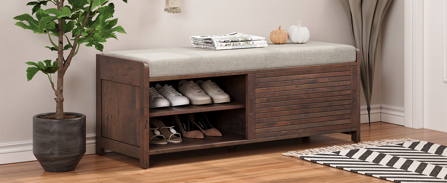 Distressed Shutter Storage Bench With Acacia Veneer For Retro Charm For Living Room, Entryway Espresso Espresso Mdf