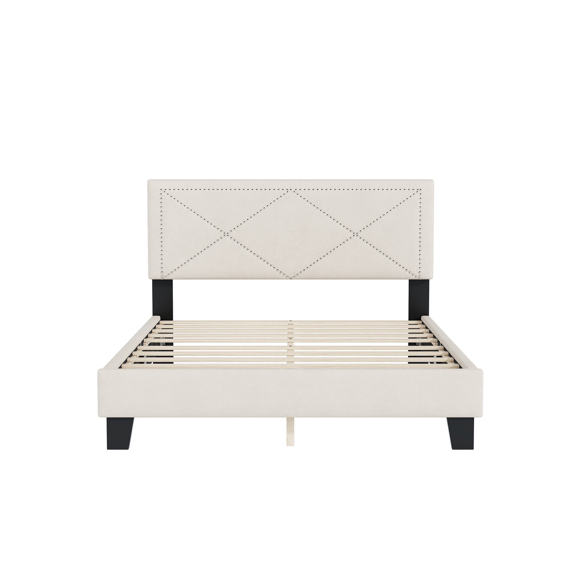 Simple Queen Size Upholstered Bed Frame With Rivet Design, Modern Velvet Platform Bed With Headboard, Beige Queen Beige Bedroom Bed Frame Velvet Solid Wood Mdf