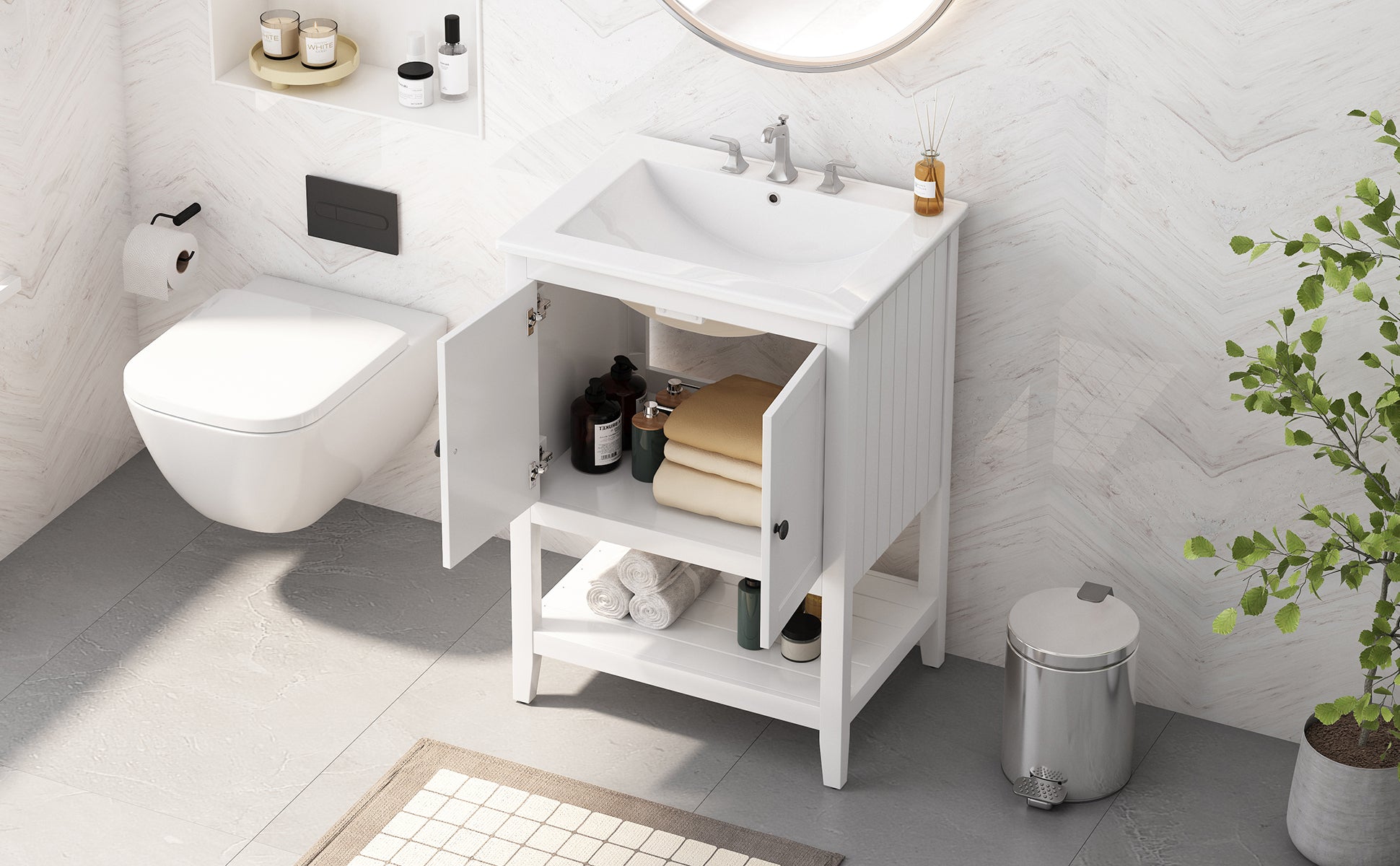 24" White Modern Sleek Bathroom Vanity Elegant Ceramic Sink With Solid Wood Frame Open Style Shelf White Solid Wood