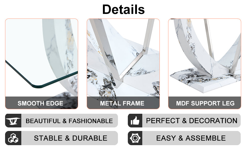 Table And Chair Set, Large Modern Rectangular Glass Table, Can Accommodate 6 8 People, Equipped With A 0.39 Inch Tempered Glass Tabletop And Mdf Table Legs.Paired With Comfortable And Soft Chairs. White Mdf Glass